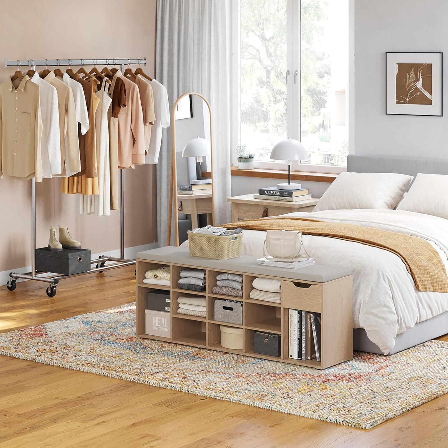 DINZI LVJ Shoe Bench, Entryway Storage Bench with Drawer and 14 Cubbies, Long Cubby Shoe Rack with Adjustable Shelves, Shoe Organizer for Living Room, Bedroom, Mudroom, Garage,Natural