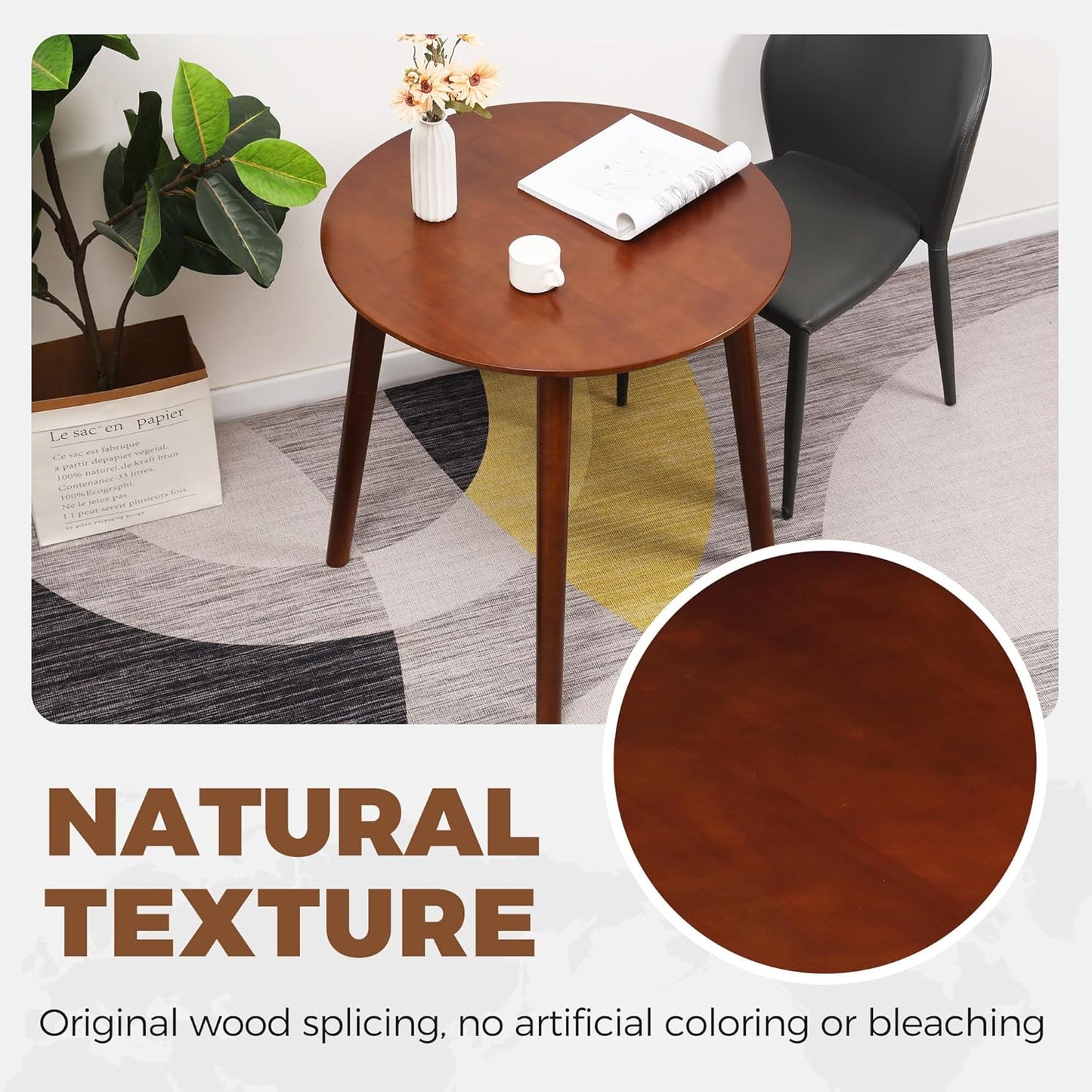 28.3" Small Round Dining Table for 2, Wooden Space-Saving Kitchen Dinner Table Rustic Wood Dining Table Mid Century Modern Kitchen Table (Brown)