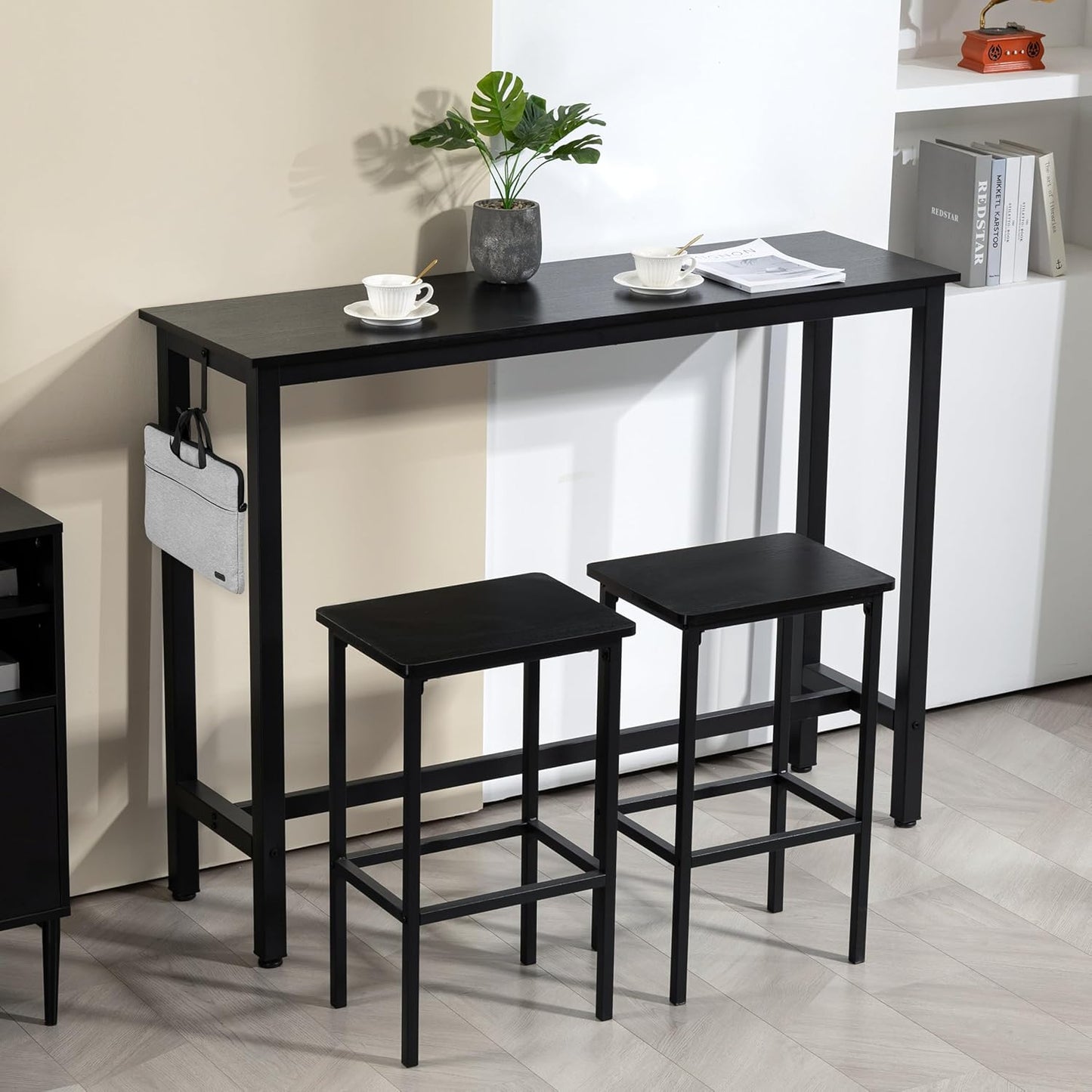 Finnhomy 52.7" Industrial Bar Table Set with 2 Stools - Counter Height Dining & Pub Table for Small Spaces, Kitchen, Apartment, Breakfast Nook - Metal & Wood, Space-Saving Furniture - Rustic Black