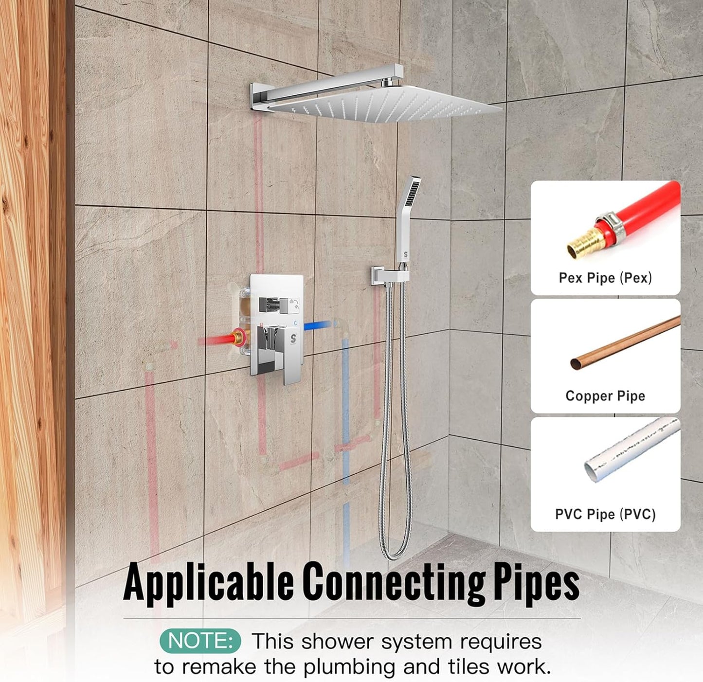 SR SUN RISE Polished Chrome Square Rainfall Shower Head and Handle Set, Wall Mounted Shower Fixtures, Metal Shower Faucet Trim Repair Kits (With Shower Valve) 16 Inches