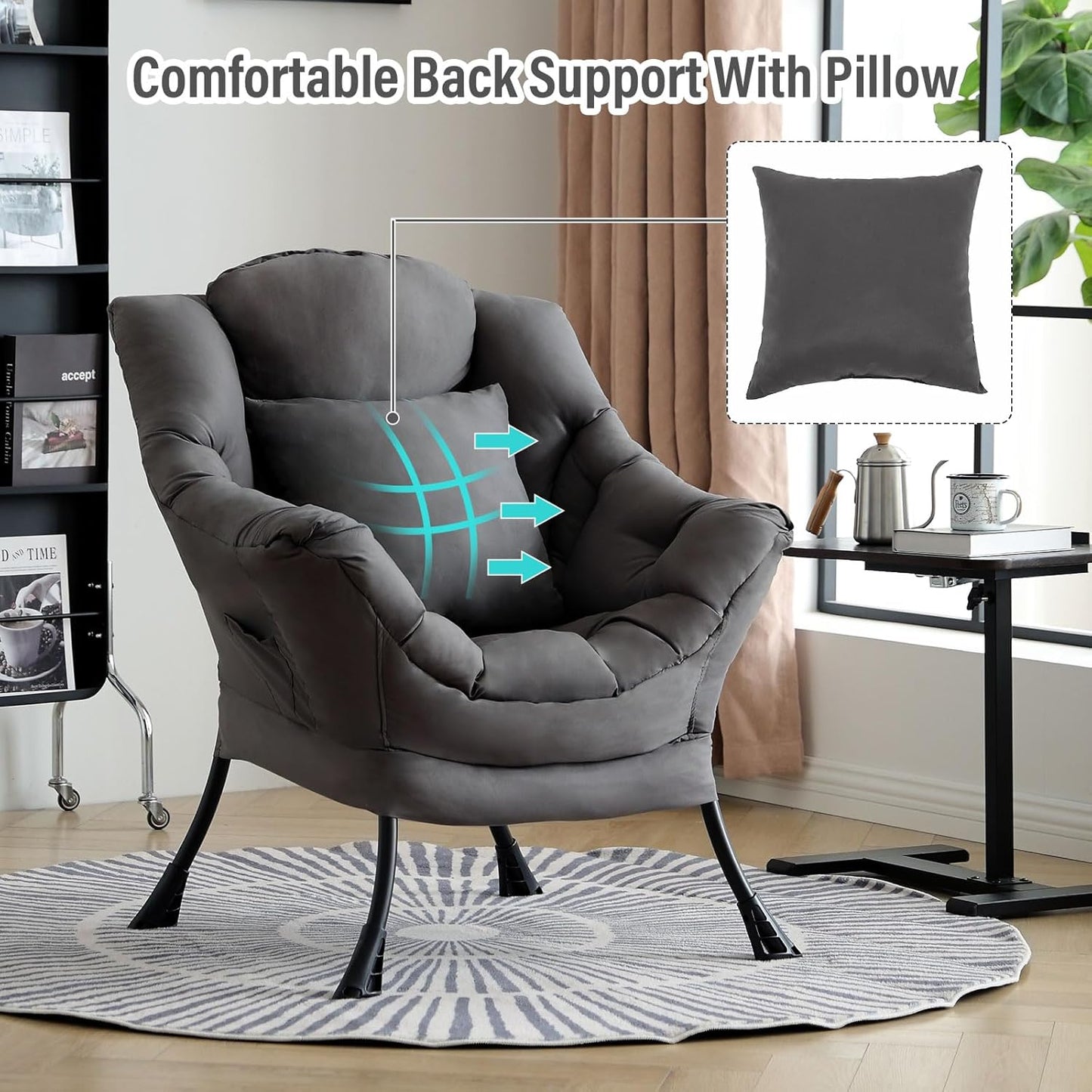 Lazy Chair with Pillow for Living Room, Modern Lounge Accent Chair with Armrests, Leisure Sofa Chair Set, Reading Chair for, Bedroom, Dorm Room, Office, Dark Grey