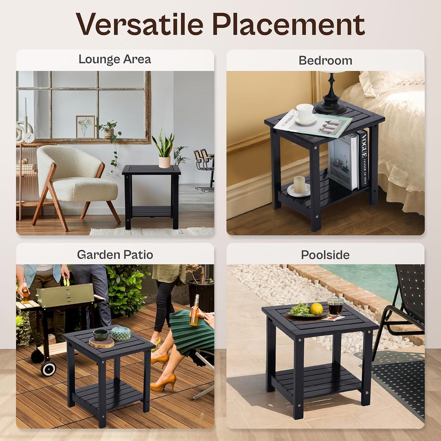 Adirondack Side Table – Weather-Resistant Rectangular End Table for Patio, Garden, Lawn, or Living Room | Indoor & Outdoor Wood Side Table, Rustic Style (Black)