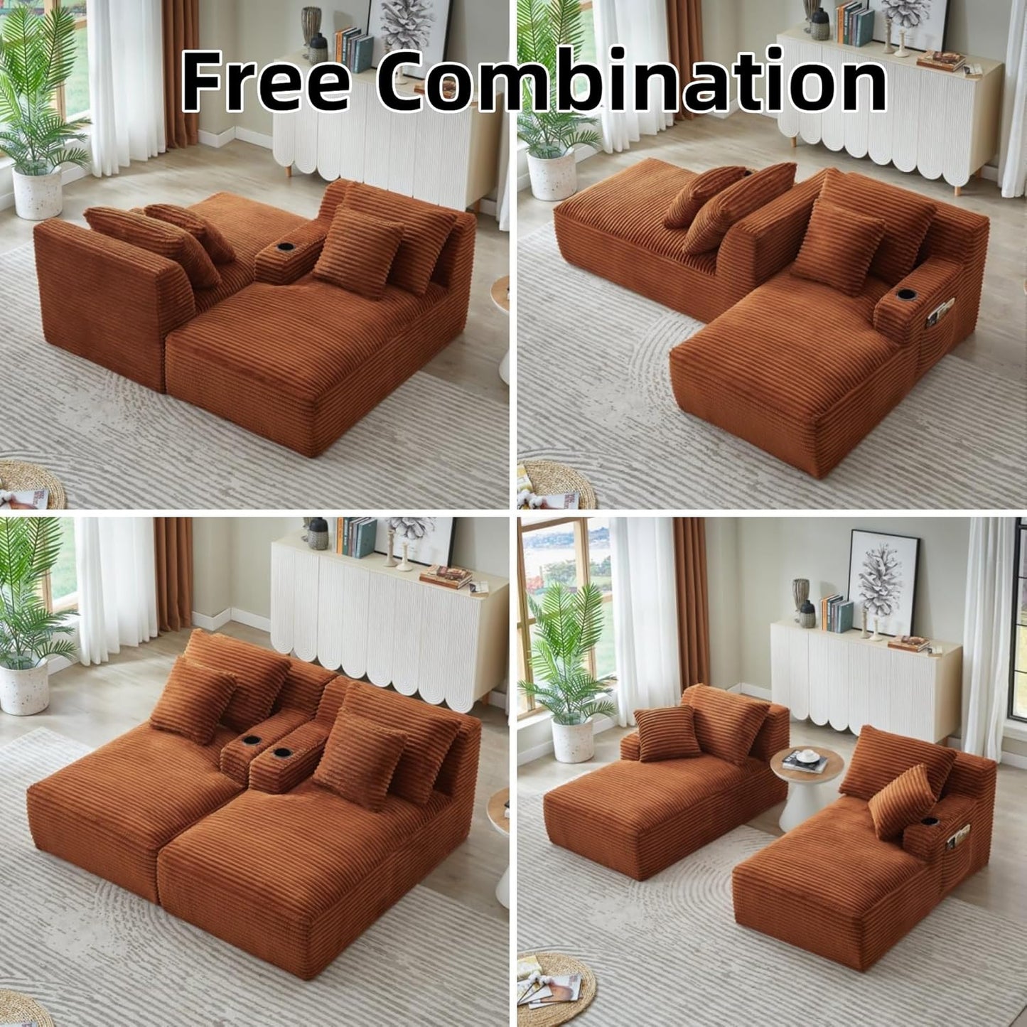 Oversized Sectional Double Chaise Lounge, Compressed Boneless Lounge Chaise with Cupholders, Boneless Sofa with Deep Seat, Fluffy Modern Sleeper Loveseat for Indoor Living Room, Orange