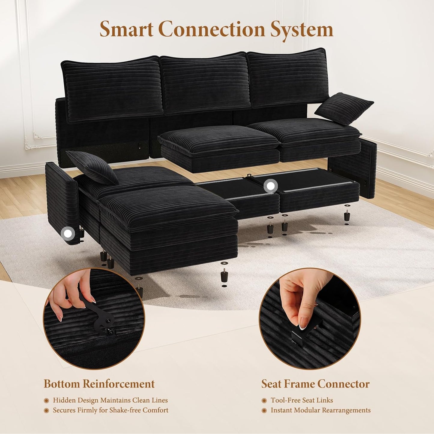 Vesgantti 108" Modular Sectional Sofa, Comfy Cloud Couch with Movable Ottoman Deep Seat Corduroy L Shaped Modular Sofa, Sectional Couches for Living Room, Bedroom and Apartment, Black