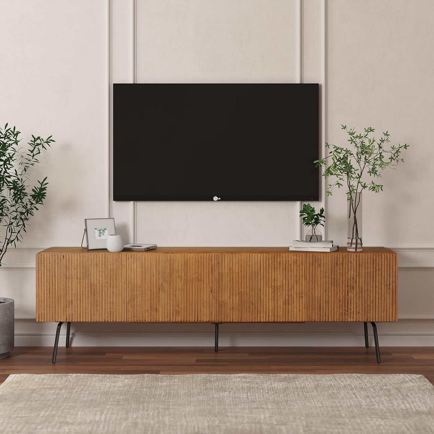 NTC Veil TV Stand with 4 Doors for TVs up to 75’’, Media Console with Vertical Groove Design and Metal Legs, Modern Entertainment Center for Living Room and Bedroom, Effortless Assembly, Teak Look