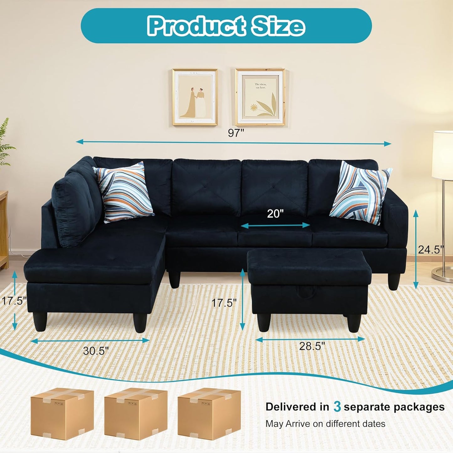 L Shaped Couch Modern Sectional Couch Upholstered Microfiber Fabric 3 Pieces Sofas for Living Room with Chaise, Storage Ottoman for Office and Small Apartment, Midnight Blue