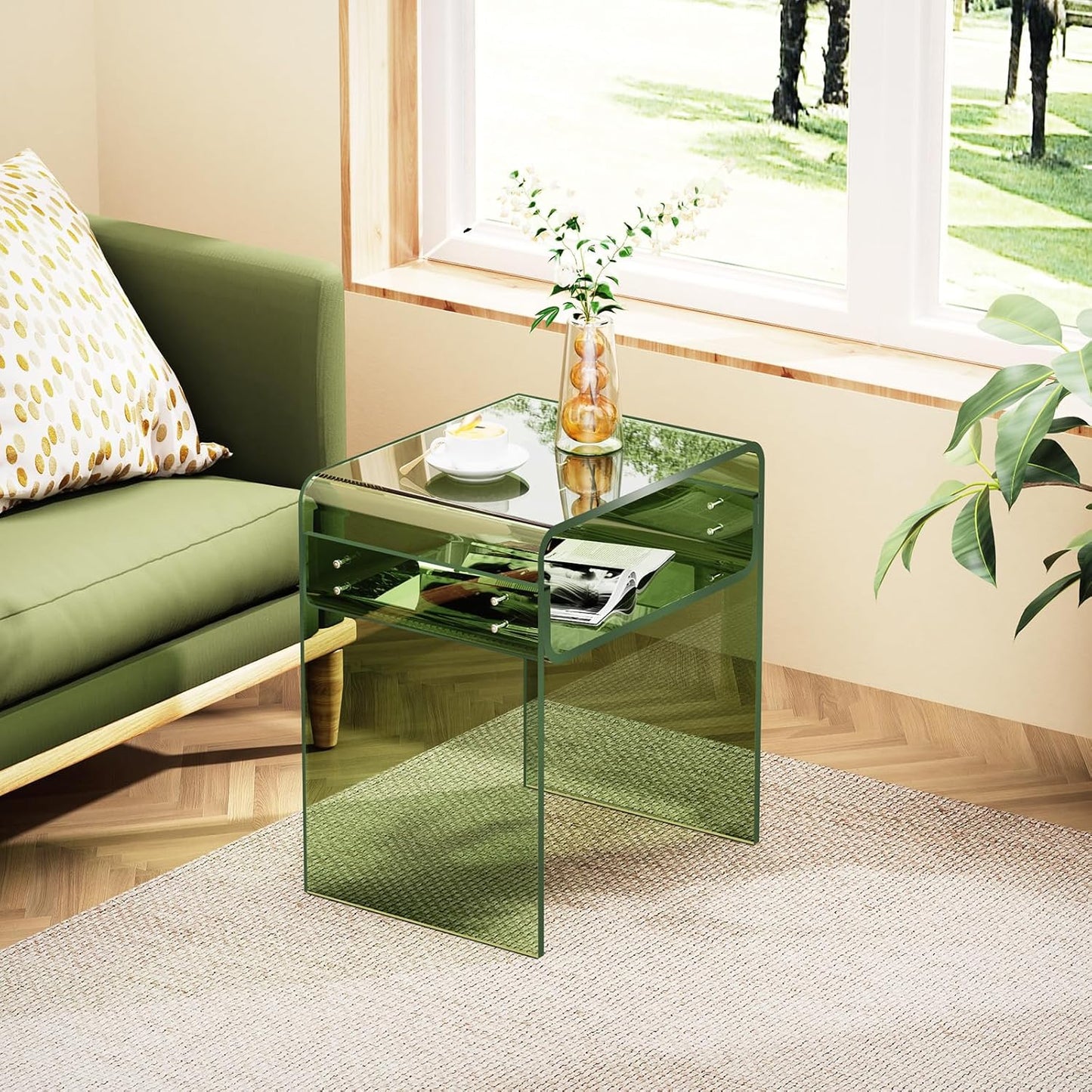 Clear Acrylic End Table 2-Tier Bedside Nightstand for Living Room Bedroom (1, Green)