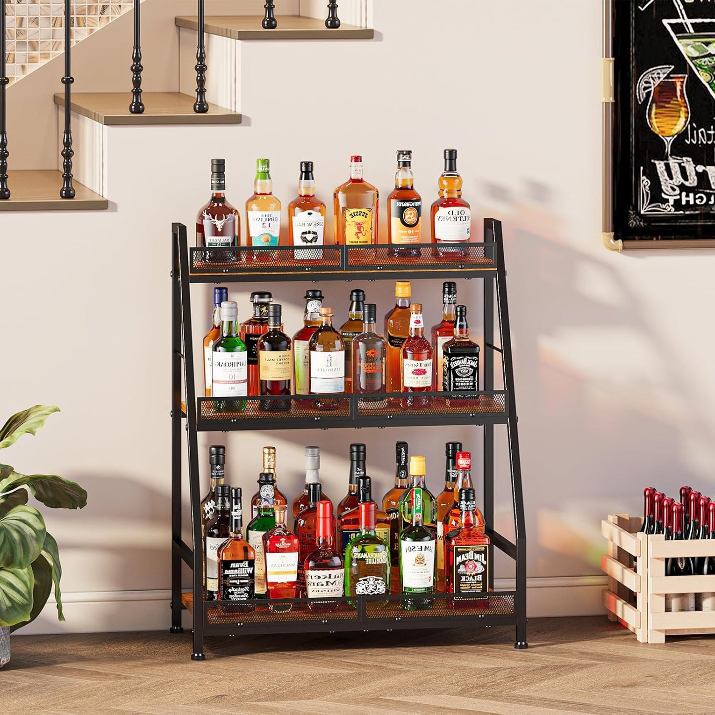 3-Tier Expanded Liquor Stand, Trapezoid Wine Rack Freestanding Floor, Large-Capacity Bar Stand for Liquor Whiskey Wine Storage, Vintage Liquor Cabinet Bar for Home(Patent Pending)