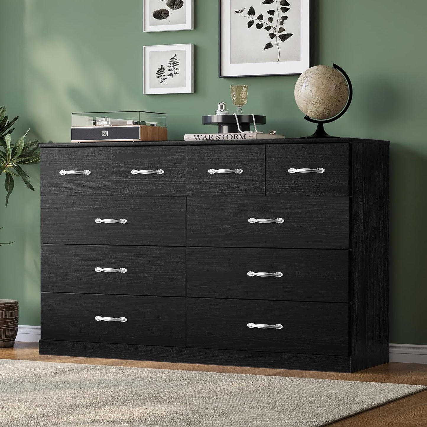 LINSY HOME 10 Drawer Dresser for Bedroom, 54" Wide Chest of Drawers, Modern TV Stand Dressers with Wood Frame and Metal Handles, Large Drawer Organizer for Bedroom, Living Room, Black