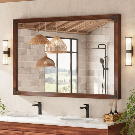 TETOTE 55 x 36 Walnut Wooden Mirror for Bathroom Wall/Bedroom/Living Room/Entryway Farmhouse Rustic Bathroom Vanity Mirror Waterproof (Horizontal/Vertical Mounted)