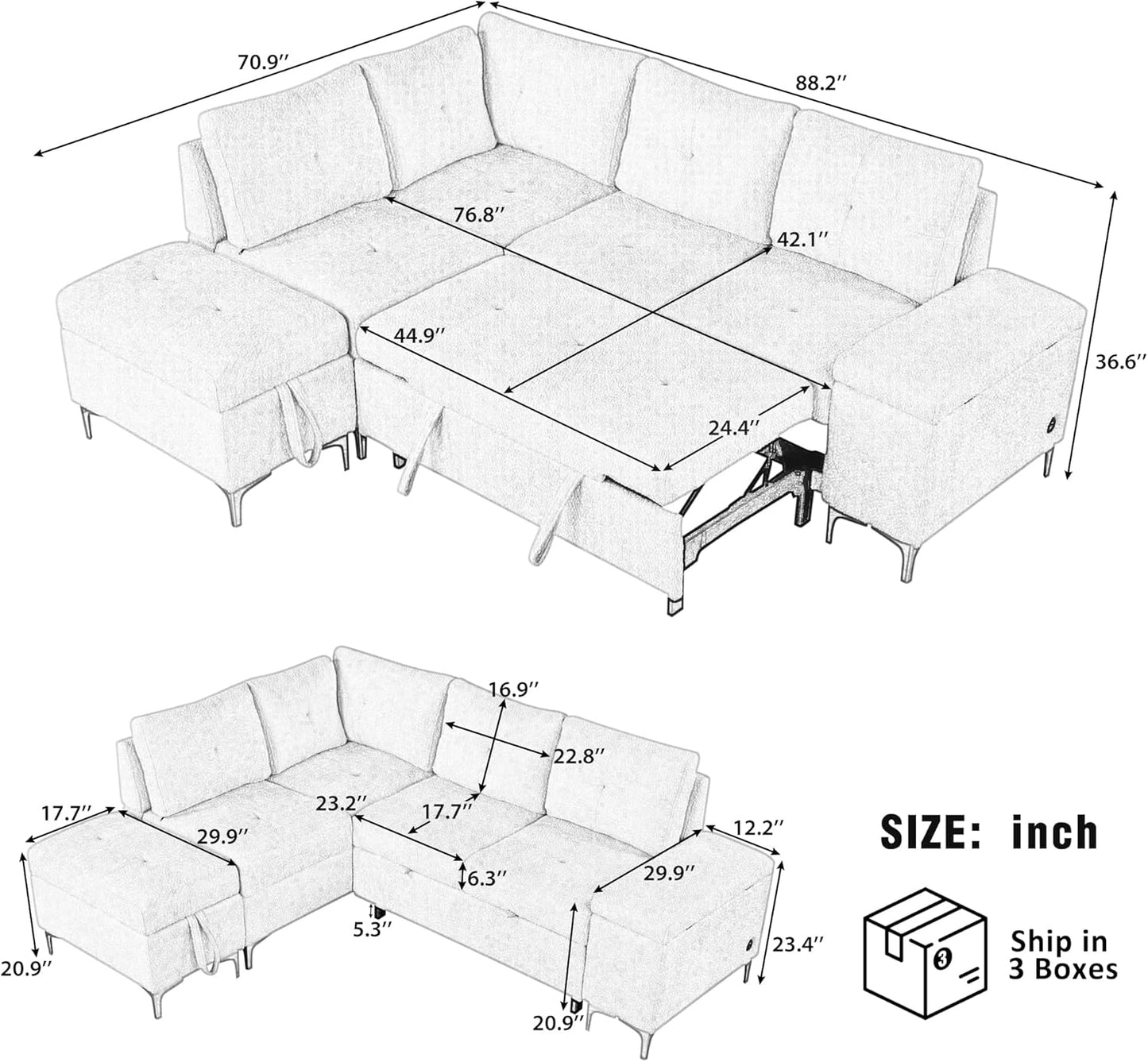 Ball & Cast 88.2" L-Shaped Sectional Pull Out Sofa with Ample Storage Space,Versatile Convertible Couch w/Two Cup Holders and Two USB Ports,Movable Storage Ottoman,for Living Room,Apartment,Beige