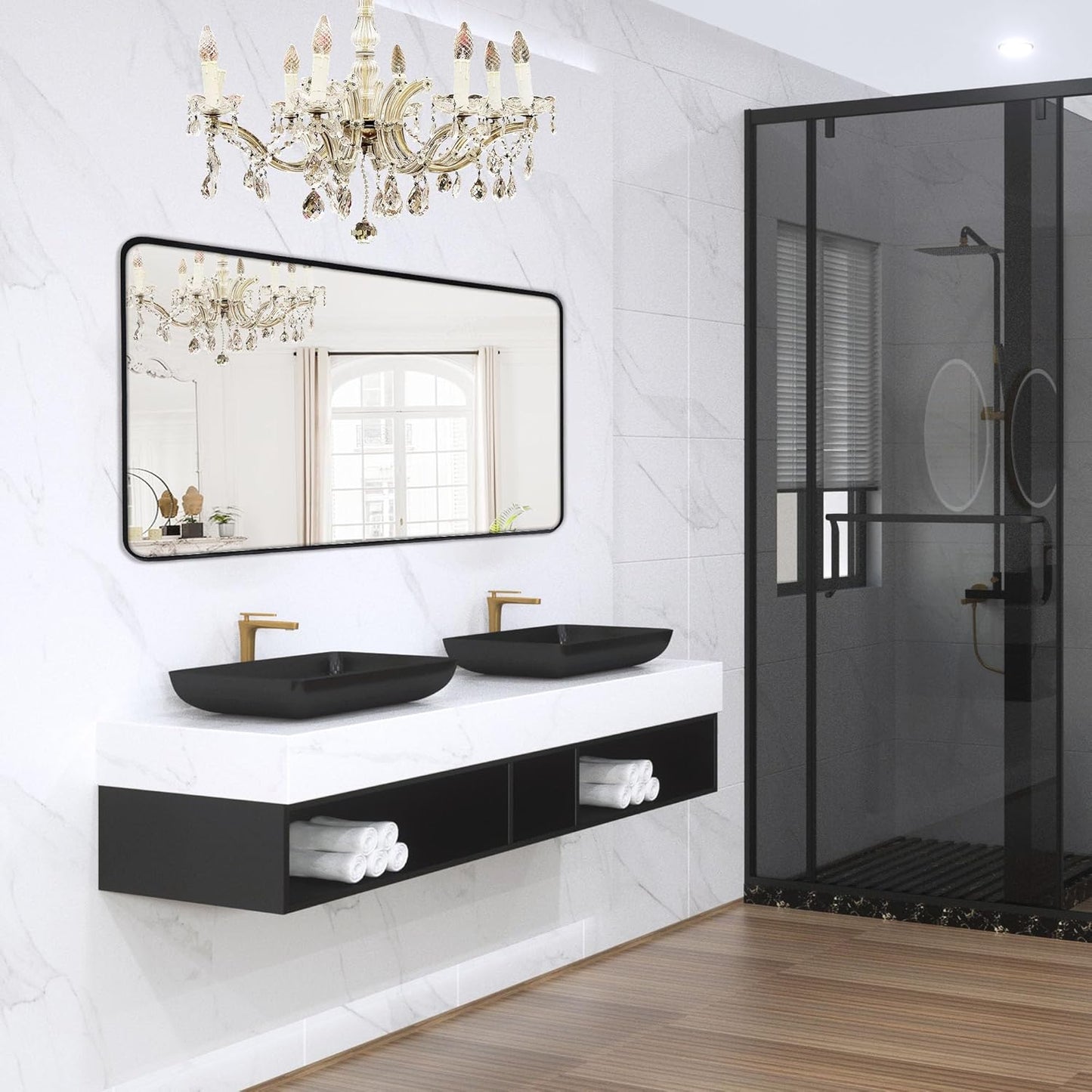 Wall Mount Mirror for Bathroom, Brushed Black Metal Framed Large Rounded Corner Rectangular Vanity Mirror, Anti-Rust, Tempered Glass (30" x 48", Black)