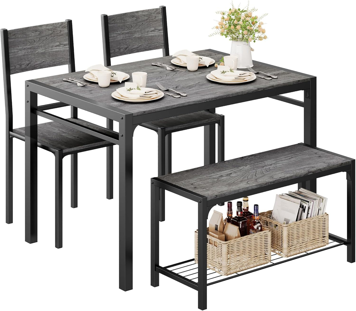Shahoo Kitchen Table and 2 Chairs for 4 with Bench, 4 Piece Dining Sets for Small Space, Dark Grey
