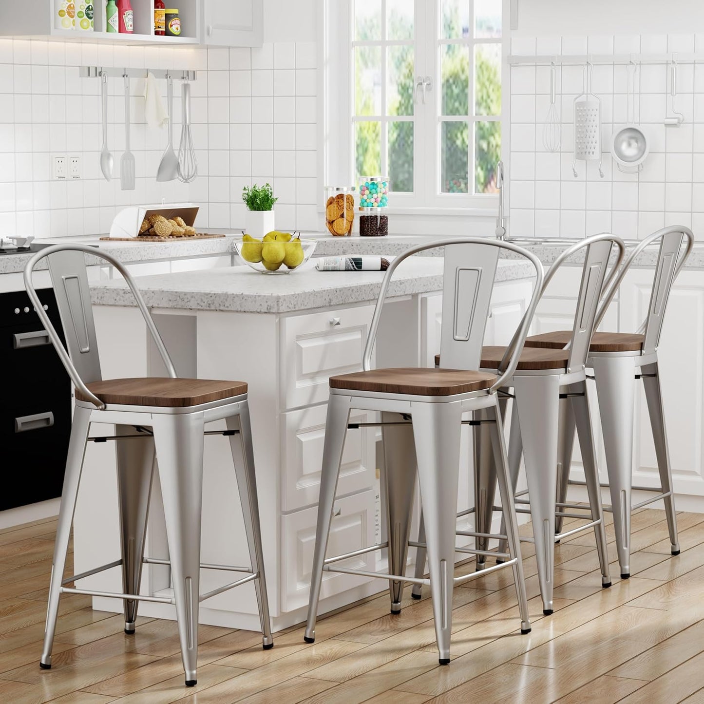 Yongqiang 30 inch Bar Stools Set of 4 Farmhouse Bar Height Stools High Back Kitchen Bar Chairs Silver Metal Barstools with Wooden Seat…