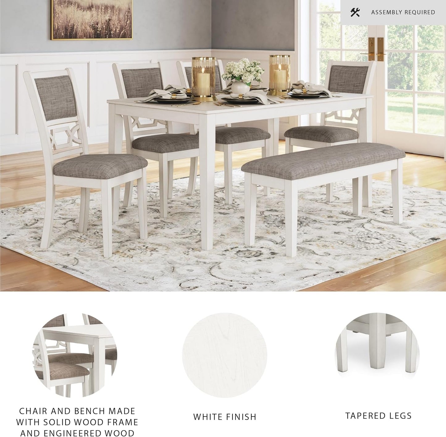 Signature Design by Ashley Erinberg Casual Dining Table with 4 Armless Upholstered Chairs and Bench, Set of 6, White & Light Gray