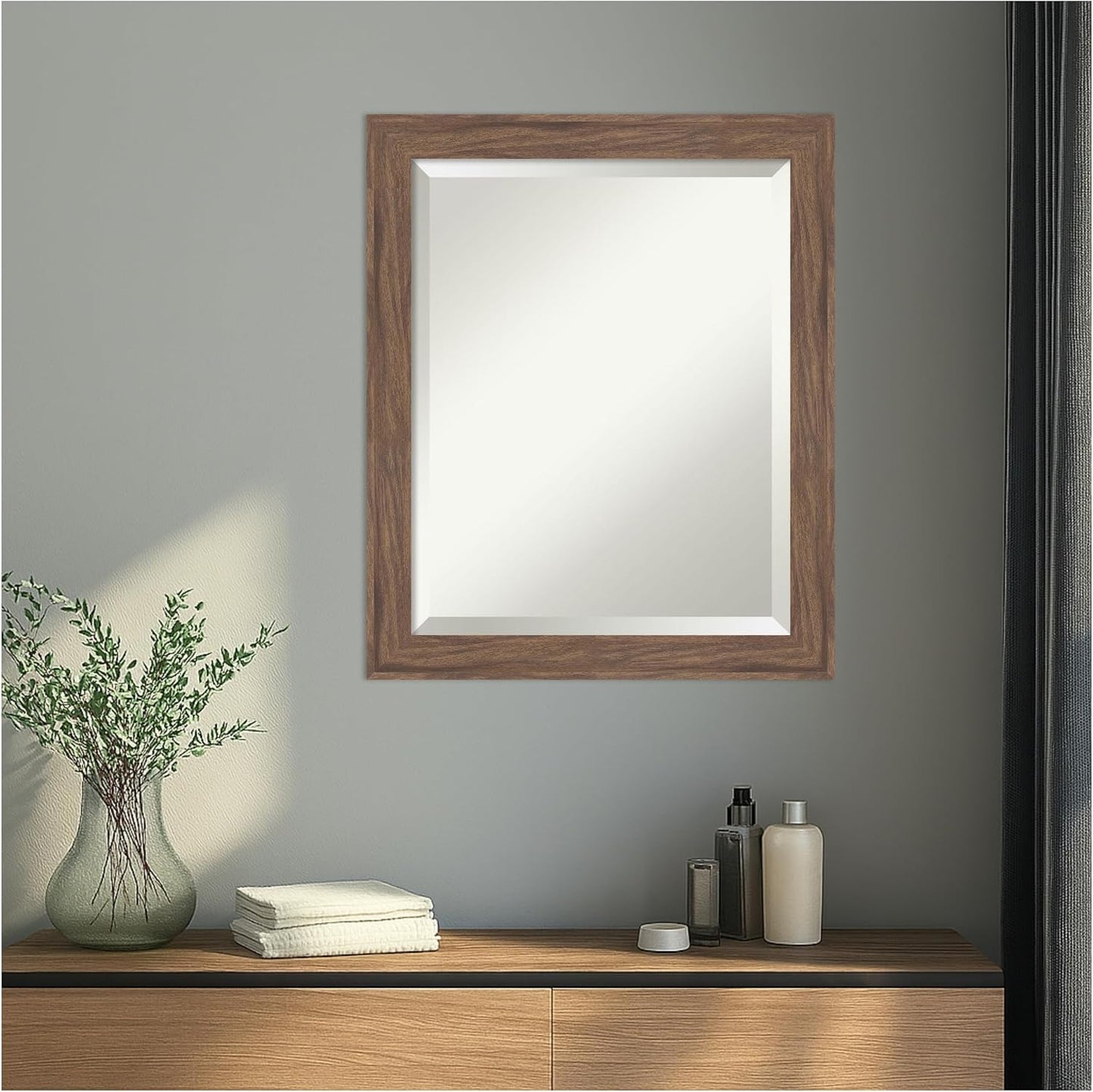 Amanti Art Brown Wall Mirror 23x19 Pia Medium Brown Narrow Rectangle Bathroom Mirror for Wall Decor Living Room, Small Casual Frame, Hangs Horizonally and Vertically, Bathroom Decor, Beveled Edge