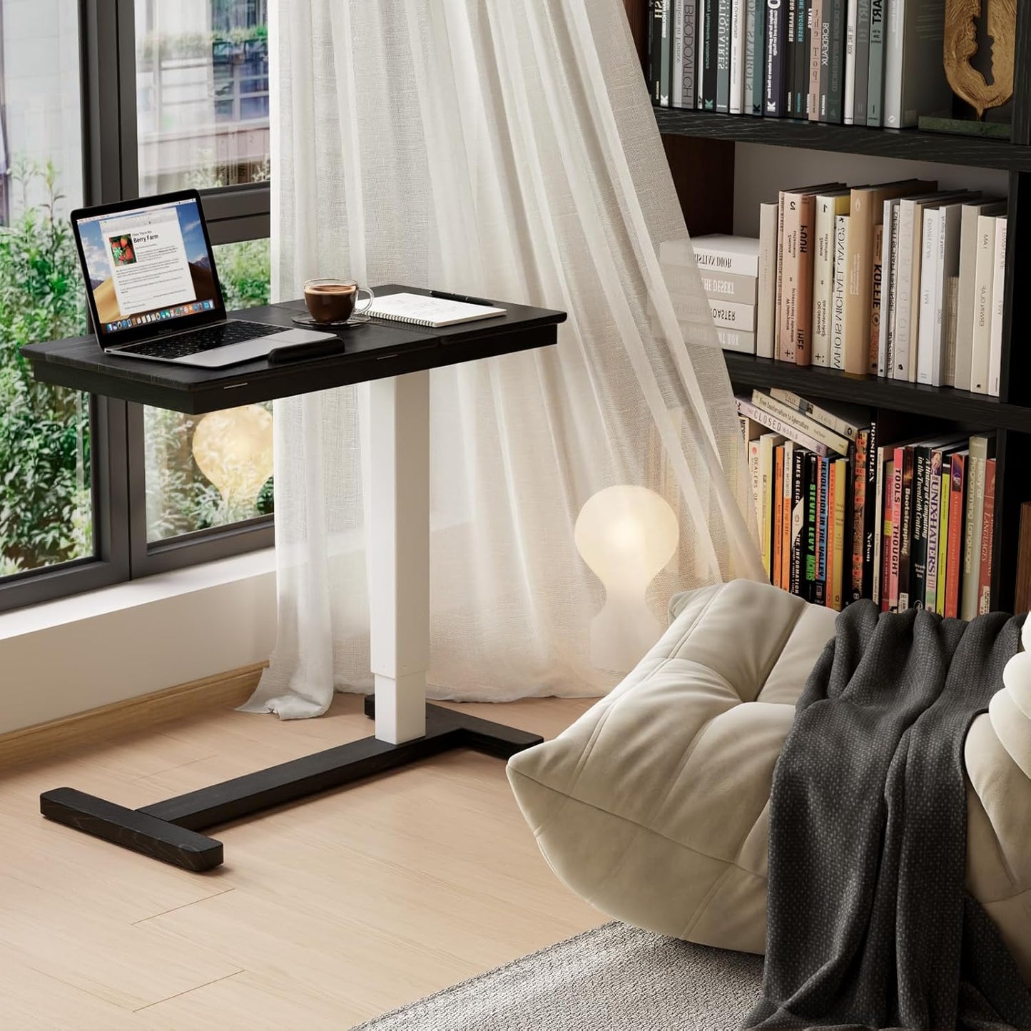 Solid Wood Overbed Bedside Table with Wheels,Tilt Top Hospital Bed Table Adjustable Over The Bed,Rolling Bed Desk for Hospital and Home Use (Black)