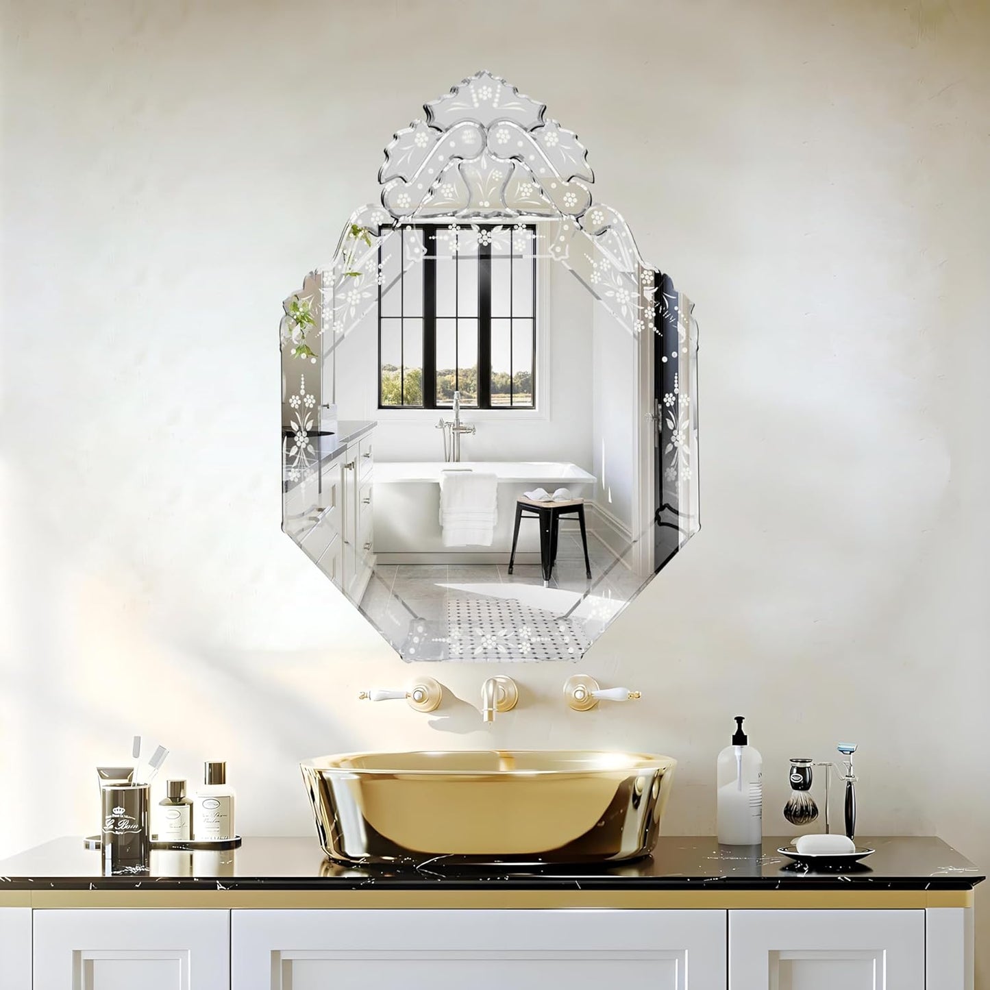 KOHROS Venetian Mirror with Top Crown Arch Floral Etched 32 x 24 Inch Octagonal Bathroom Mirror for Over Sink Frameless Beveled Edge Wall Mirror for Bathroom Vanity Entryway Bedroom
