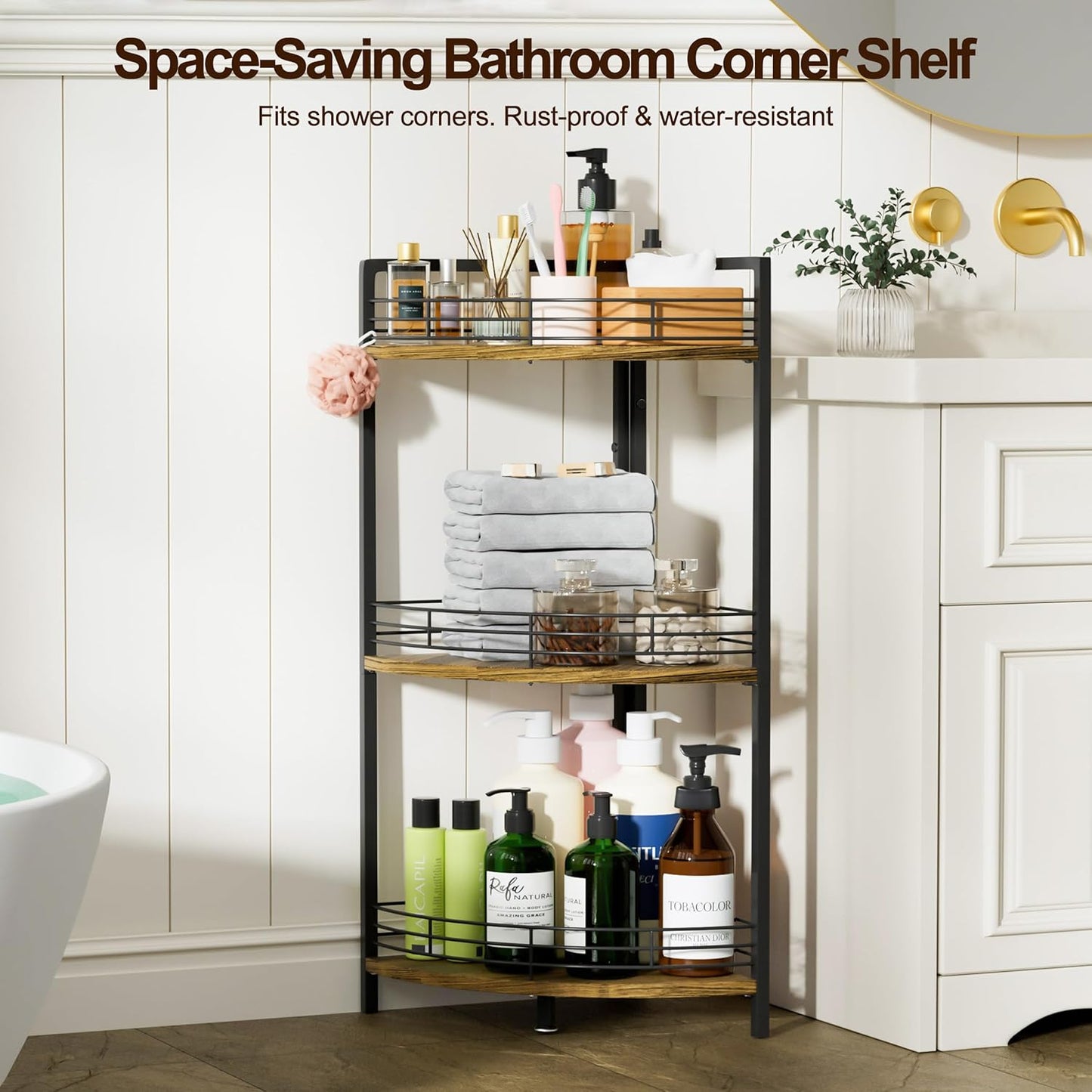 Bathroom Corner Shelf Stand, 3-Tier Small Corner Shelves, Triangular Curved Standing Bathroom Shelf Unit for Small Spaces, Ideal for Kitchen, Vanity Storage and Organization - Brown