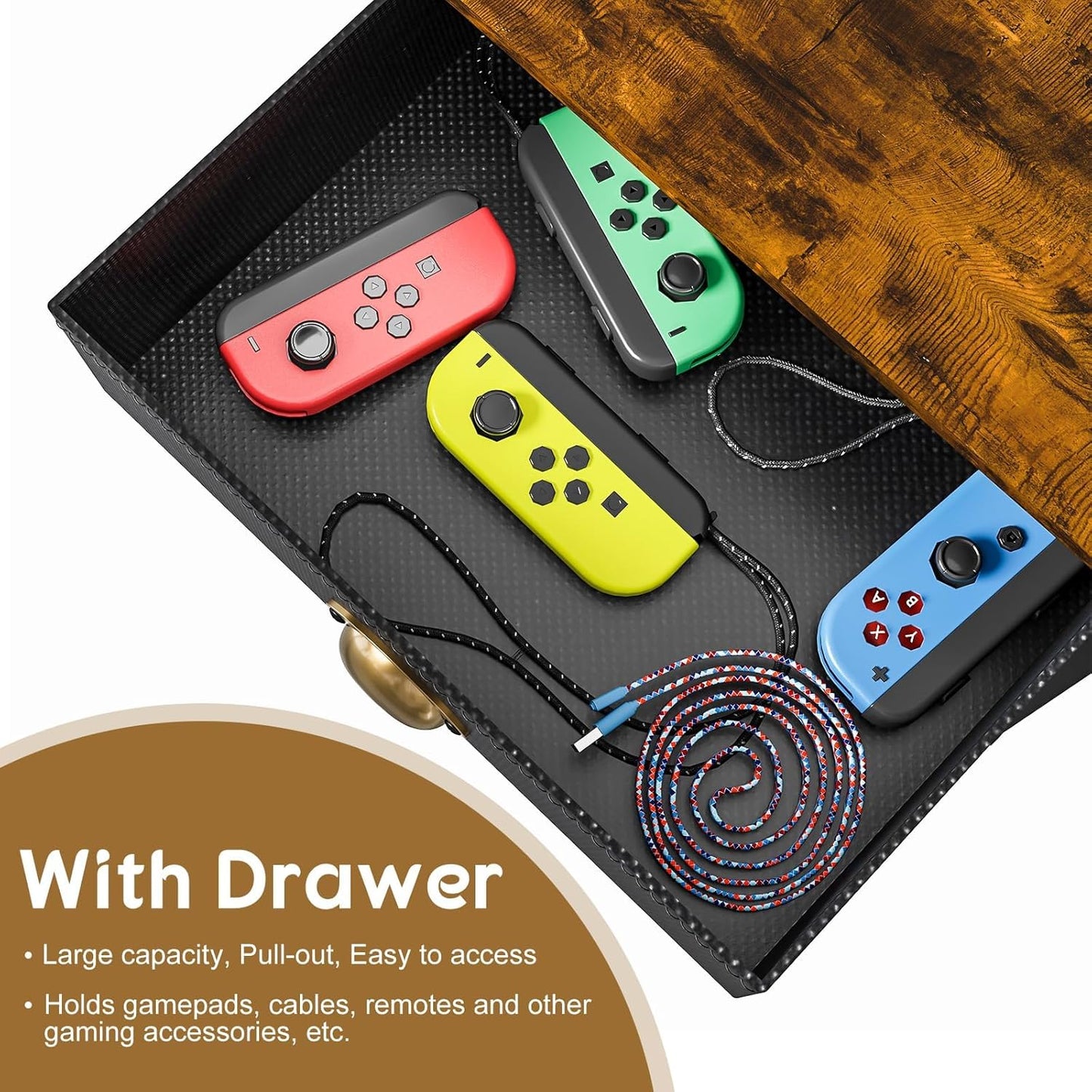 4-Tier AV Media Stand with Drawer, Video Game Console Shelf with 2 Hooks, Audio Rack Tower Perfect for/Xbox/ PS5/Switch/Game Consoles/DVD/Record Player/Projector/Sky Box/TV Accessories