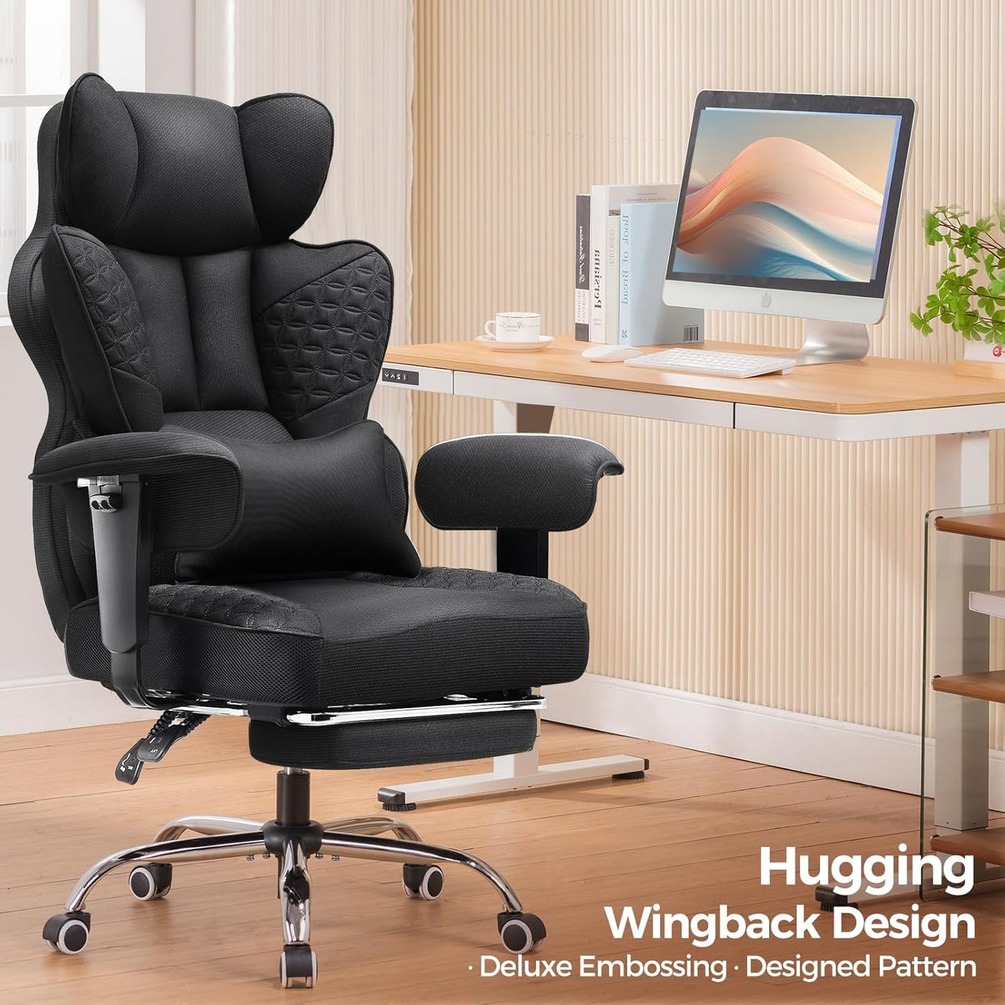 COMHOMA Big and Tall Office Chair 400LBS Wide Ergonomic Fabric Deluxe Embossing Designed Gaming Chair with Foot Rest,150°Reclining Adjustable Armrests Pocket Spring Back Support and Pillow