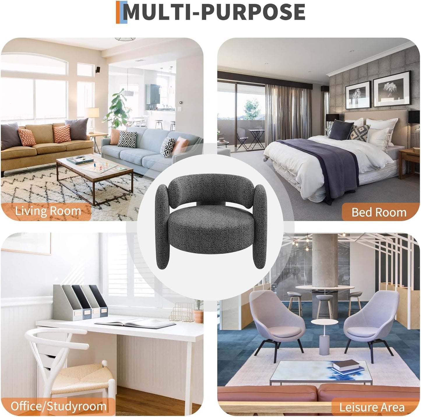 Modern Chenille Accent Armchair， Mid-Century Upholstery, Round Corners for Living Room, Bedroom, Office, or Cafe，Grey