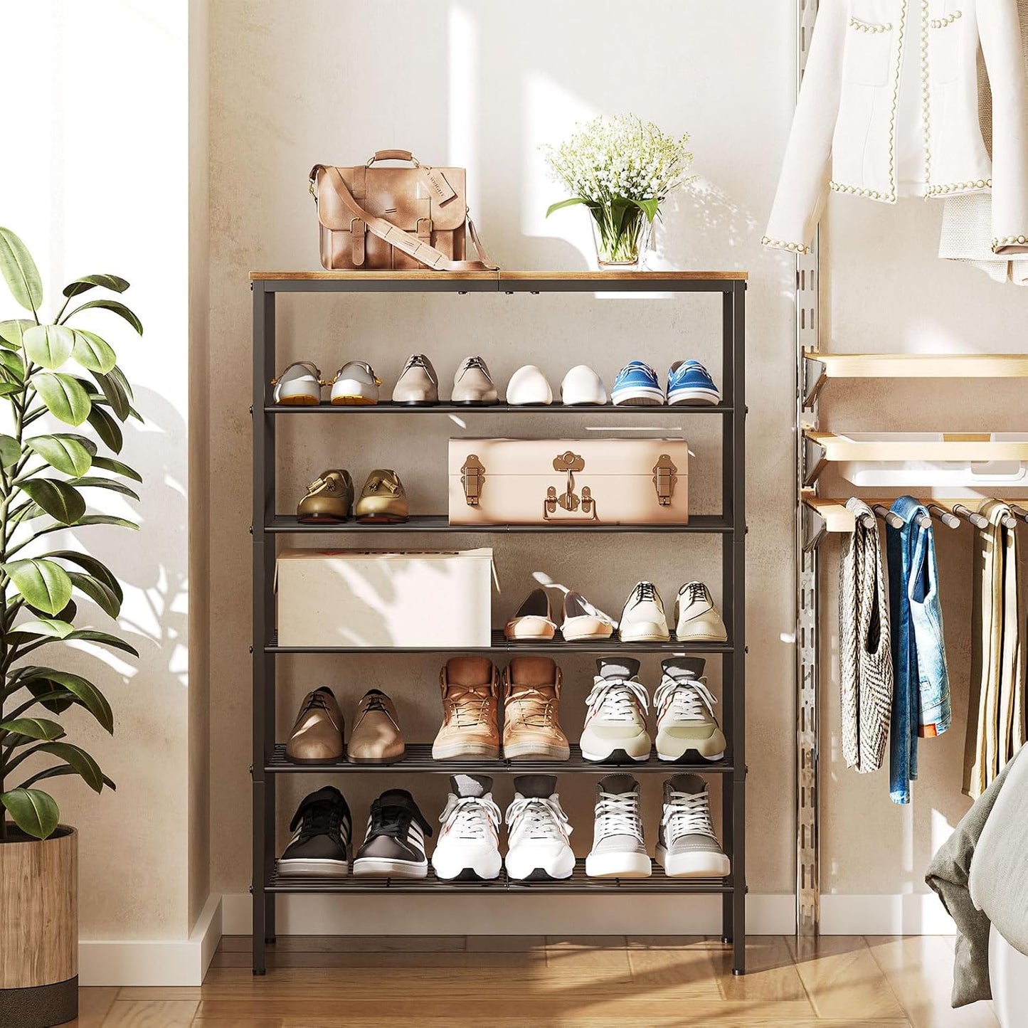 6-Tier Shoe Rack, Shoe Storage Organizer for Closet, Free Standing Shoe Organizer with Metal Mesh Shelves, 24 Pairs of Shoes, Rustic Brown and Black SS06BR