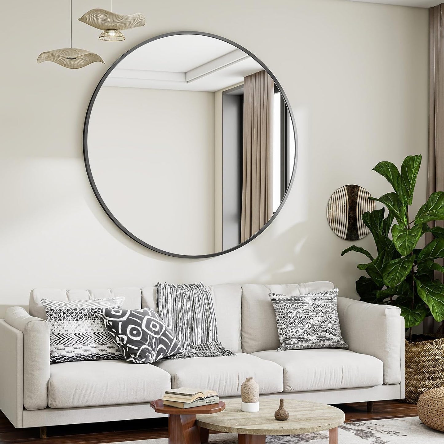 Black Round Bathroom Mirror, 48 inch Large Circle Wall Mounted Hanging Mirror with Simple Modern Circular Metal Frame for Hallway, Entryway, Living Room, Black Frame