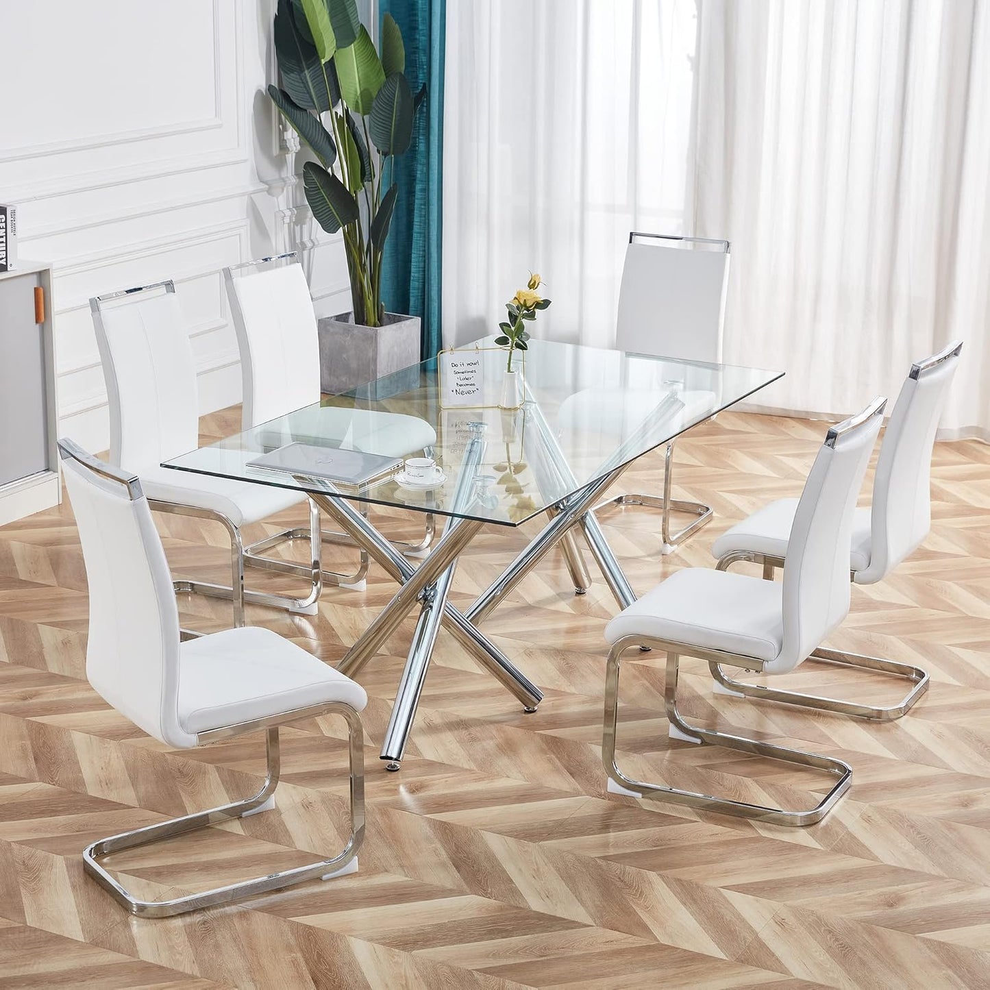 Dining Chairs Set, Kitchen Modern Metal Chairs with Faux Leather Padded Seat High Back and Sturdy Chrome Legs, Chairs for Dining Room (White, Set of 6)