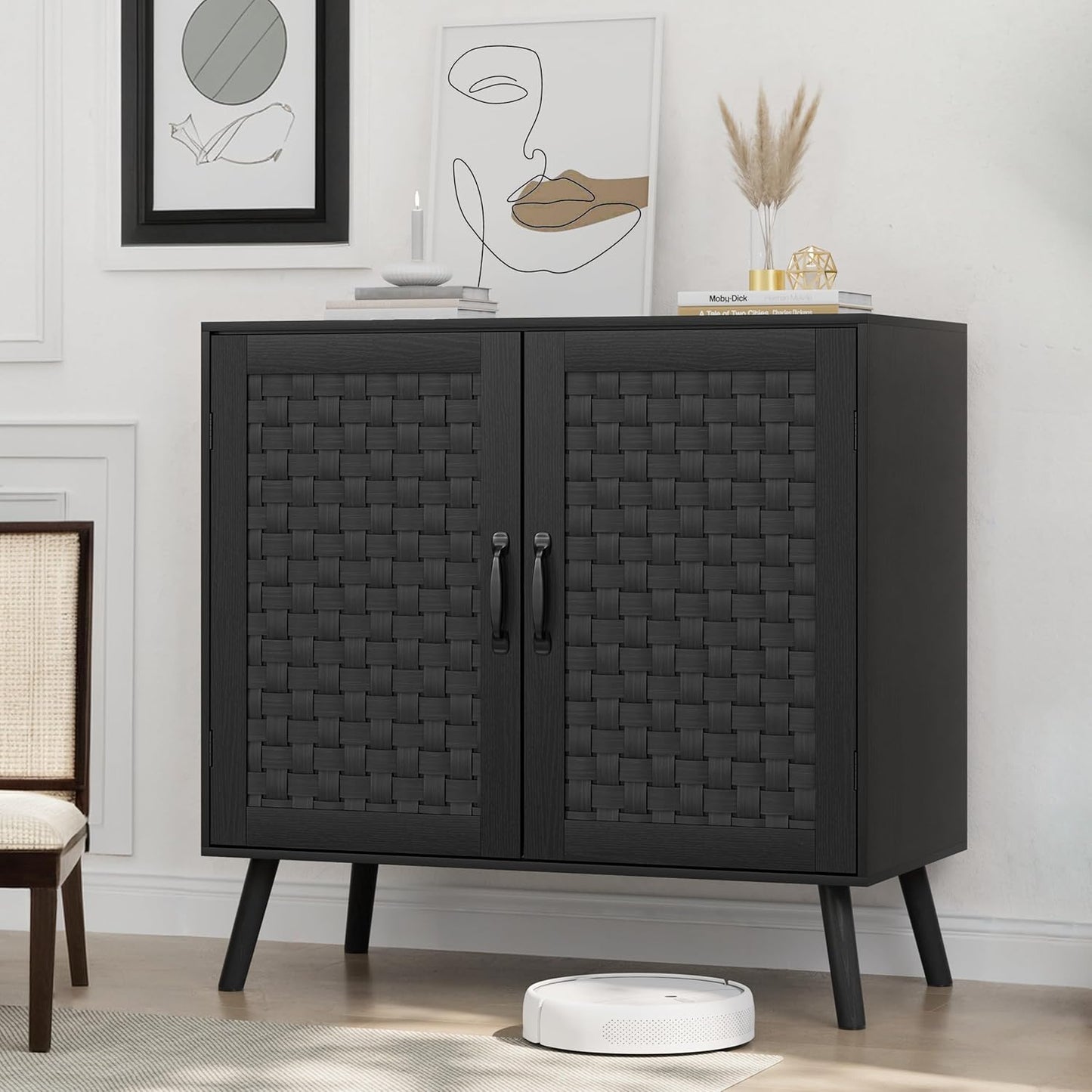 Smuxee Black Sideboard, Freestanding Buffet Cabinet with 2 PVC Rattan Doors, Storage Cabinet with Adjustable Shelf for Living Room, Entryway, Hallway