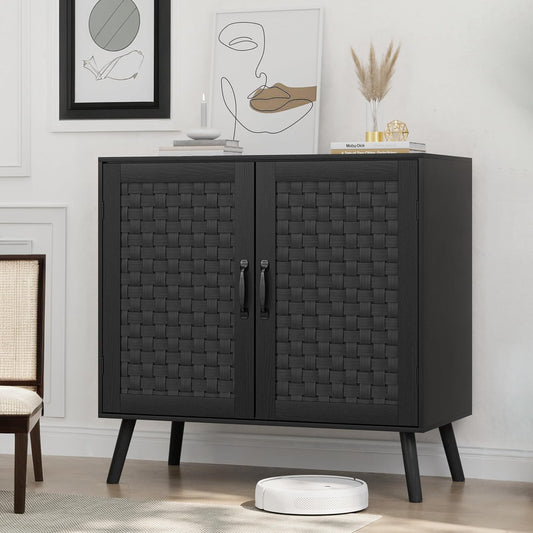 Smuxee Black Sideboard, Freestanding Buffet Cabinet with 2 PVC Rattan Doors, Storage Cabinet with Adjustable Shelf for Living Room, Entryway, Hallway