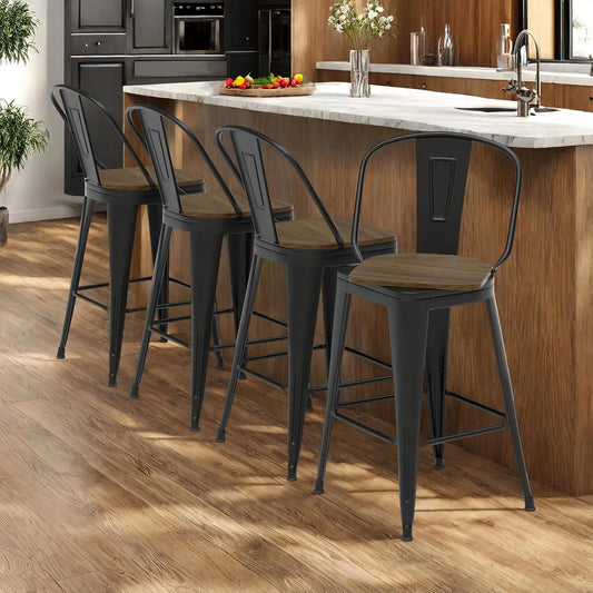 30” Swivel Bar Stools Set of 4, Counter Height Bar Stools Wooden Seat, Metal Industrial Bar Chairs with High Back for Kitchen Island (Black)