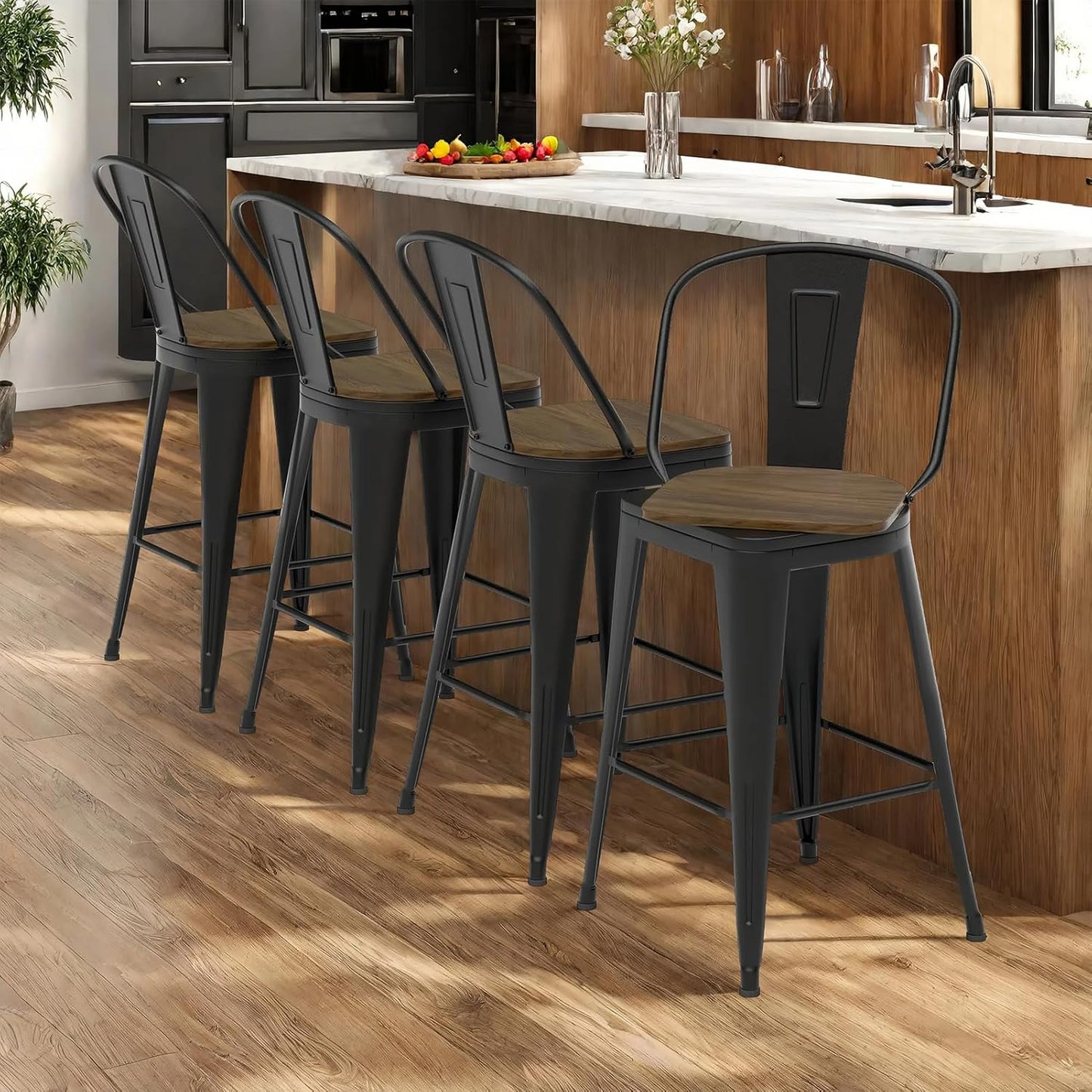 24” Swivel Bar Stools Set of 4, Counter Height Bar Stools Wooden Seat, Metal Industrial Bar Chairs with High Back for Kitchen Island (Black)
