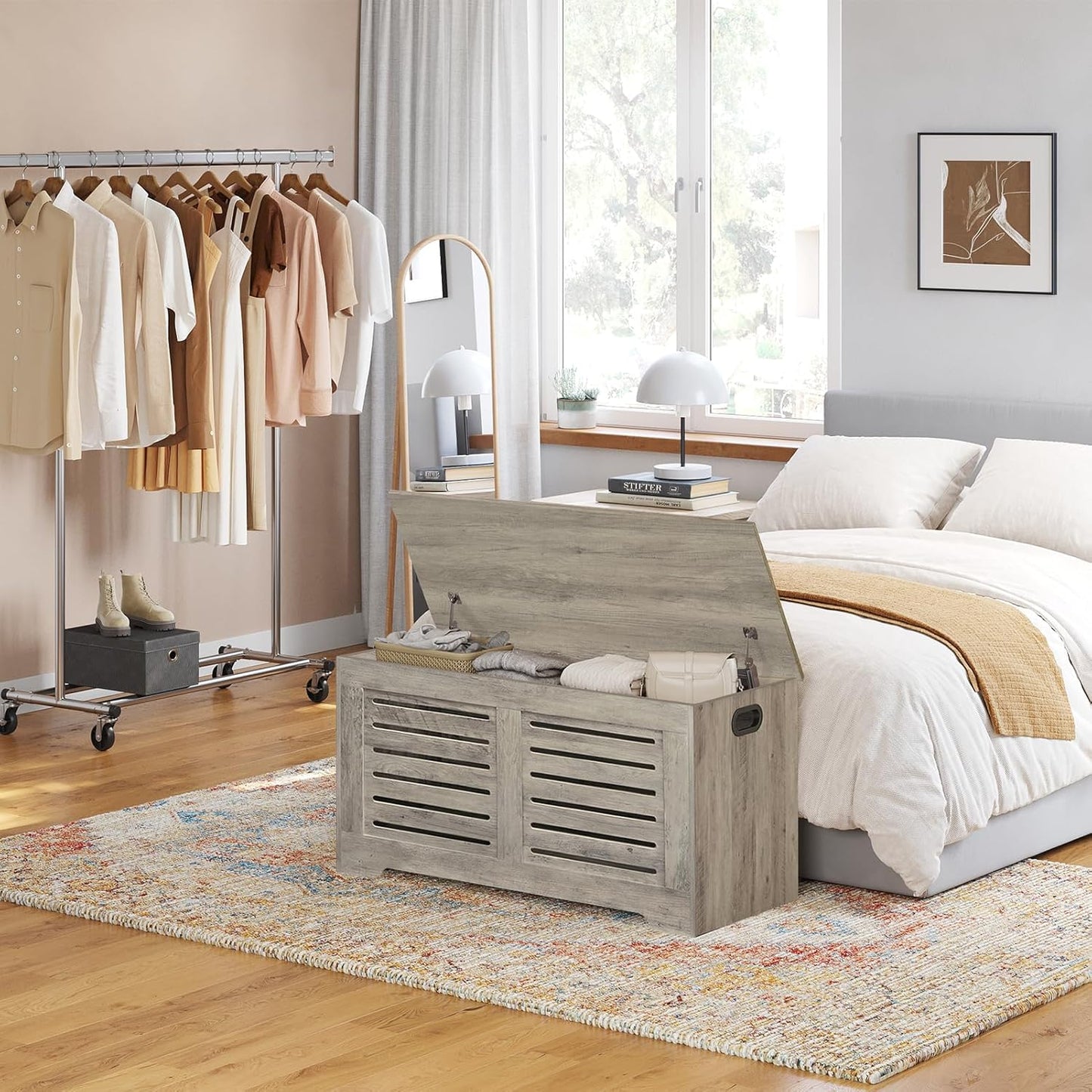 DINZI LVJ Storage Chest, Flip-Top Wooden Toy Box with 2 Safety Hinges, Entryway Shoe Storage Bench, Good Ventilation, Storage Trunk for Living Room, Bedroom, Easy Assembly, Grey Wash