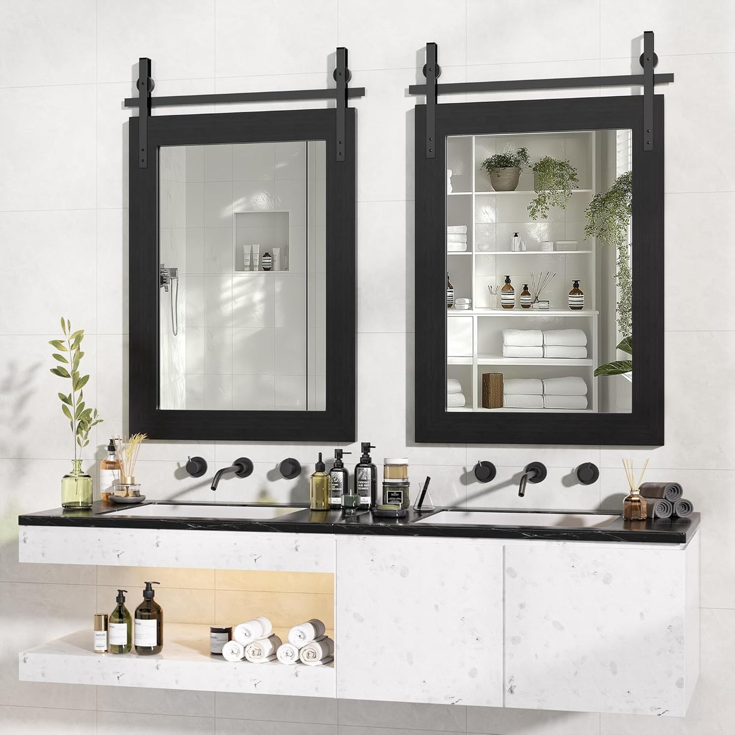 Hasipu Farmhouse Bathroom Mirror, 22"x30" Rustic Wood Framed Wall Mounted Mirror, Black Vintage Vanity Mirror Barn Door Style Decrative Mirrors