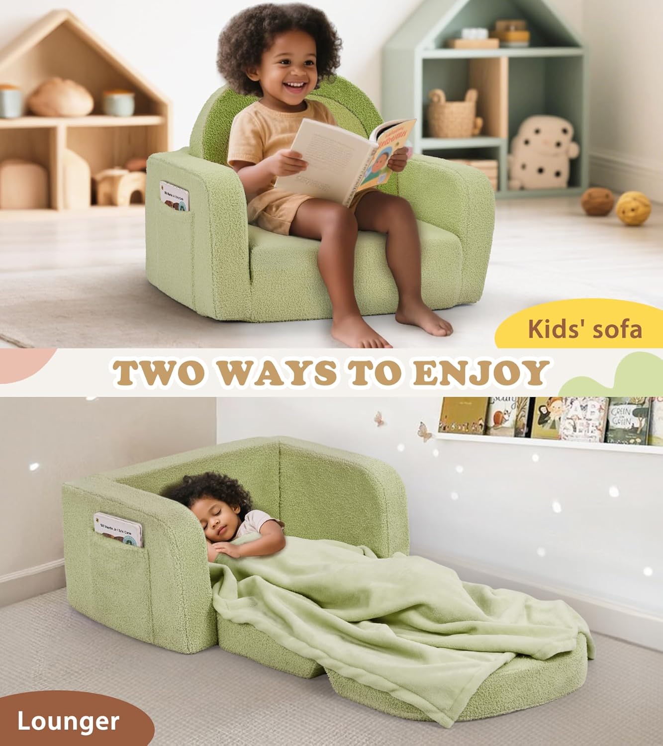 Kids Couch, 2-in-1 Soft Toddler Couch Fold Out with Blanket, Comfy Toddler Chair, Convertible Sofa to Lounger, Convertible Sofa to Lounger, Gifts for Kids Girl Boys, Medium Green Rainbow