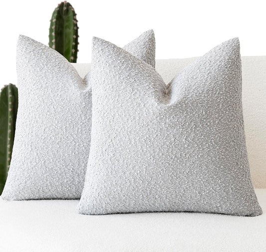Foindtower Set of 2, Decorative Textured Boucle Throw Pillow Covers Accent Solid Pillow Cases Neutral Soft Cozy Couch Cushion Case for Chair Sofa Bedroom Living Room Home Decor 16 x 16 Inch Light Grey
