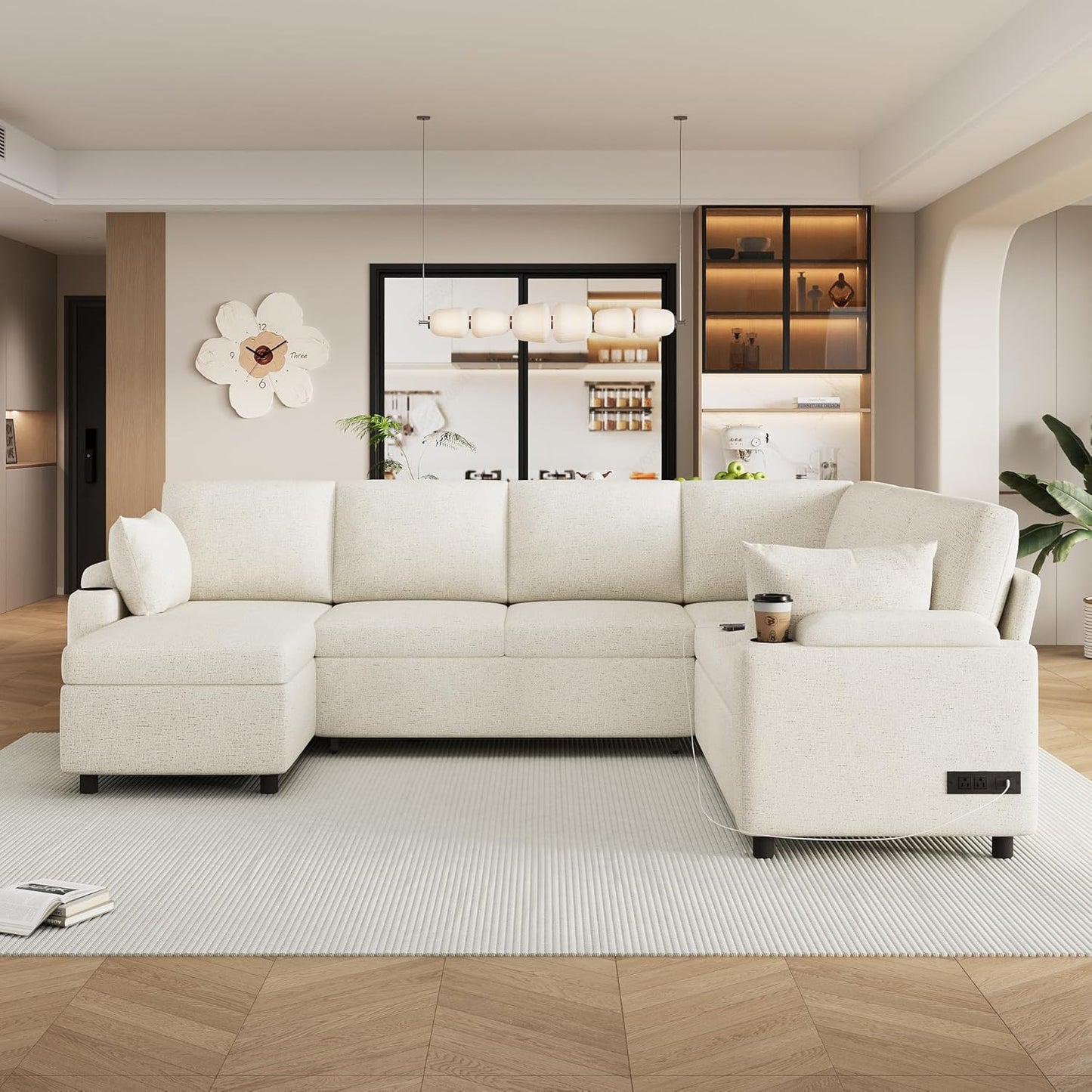 Eafurn Oversized U Shaped Sectional Sleeper Sofabed Pull Out Couch Bed for Living Room 6 Seater Upholstered Convertible Pullout Lounge Sofa Couch w/Storage Chaise, USB Ports for Living Room Apartment