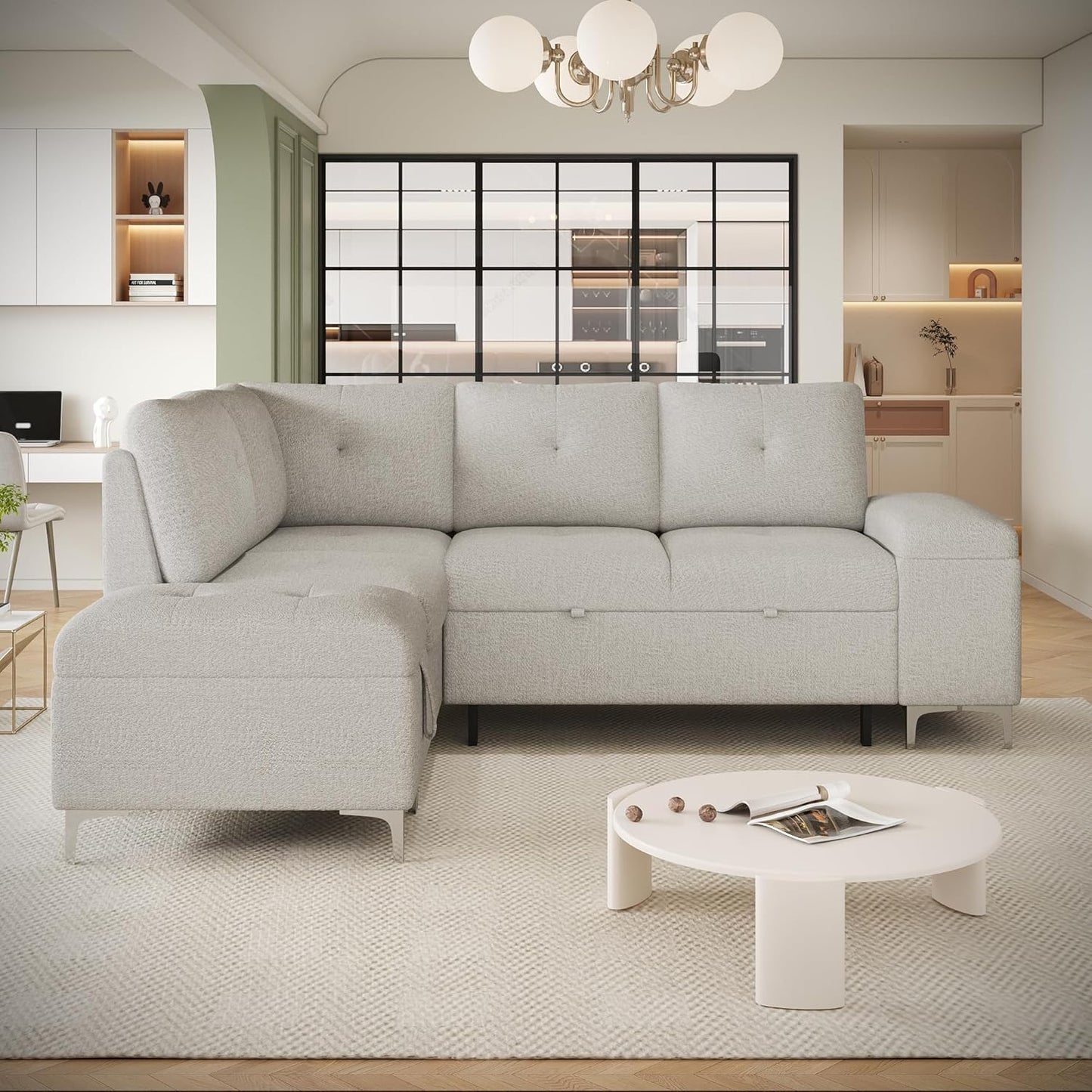 Ball & Cast 88.2" L-Shaped Sectional Pull Out Sofa with Ample Storage Space,Versatile Convertible Couch w/Two Cup Holders and Two USB Ports,Movable Storage Ottoman,for Living Room,Apartment,Beige