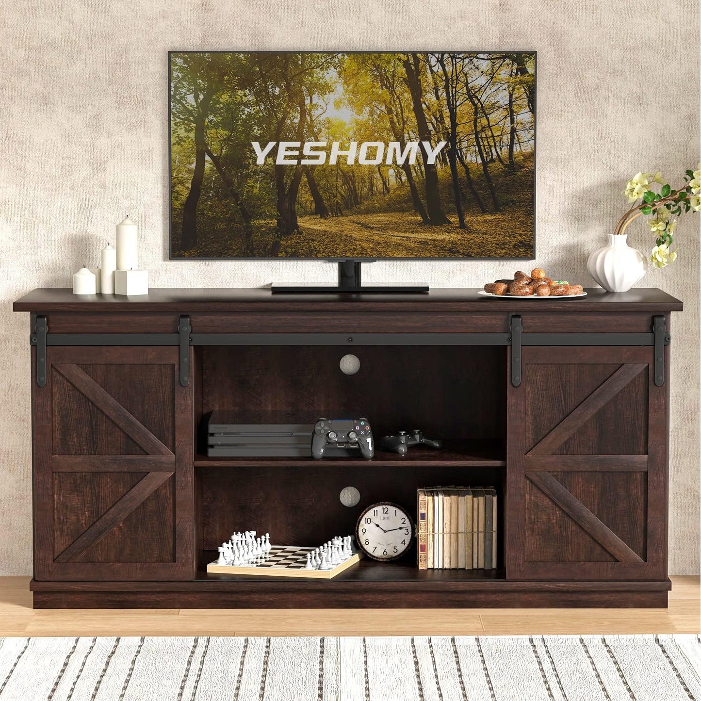 YESHOMY TV Stand for Televisions up to 65 Inches, with Sliding Barn Doors and Storage Cabinets, Console Table and Media Furniture for Living Room, 58 Inch, Espresso
