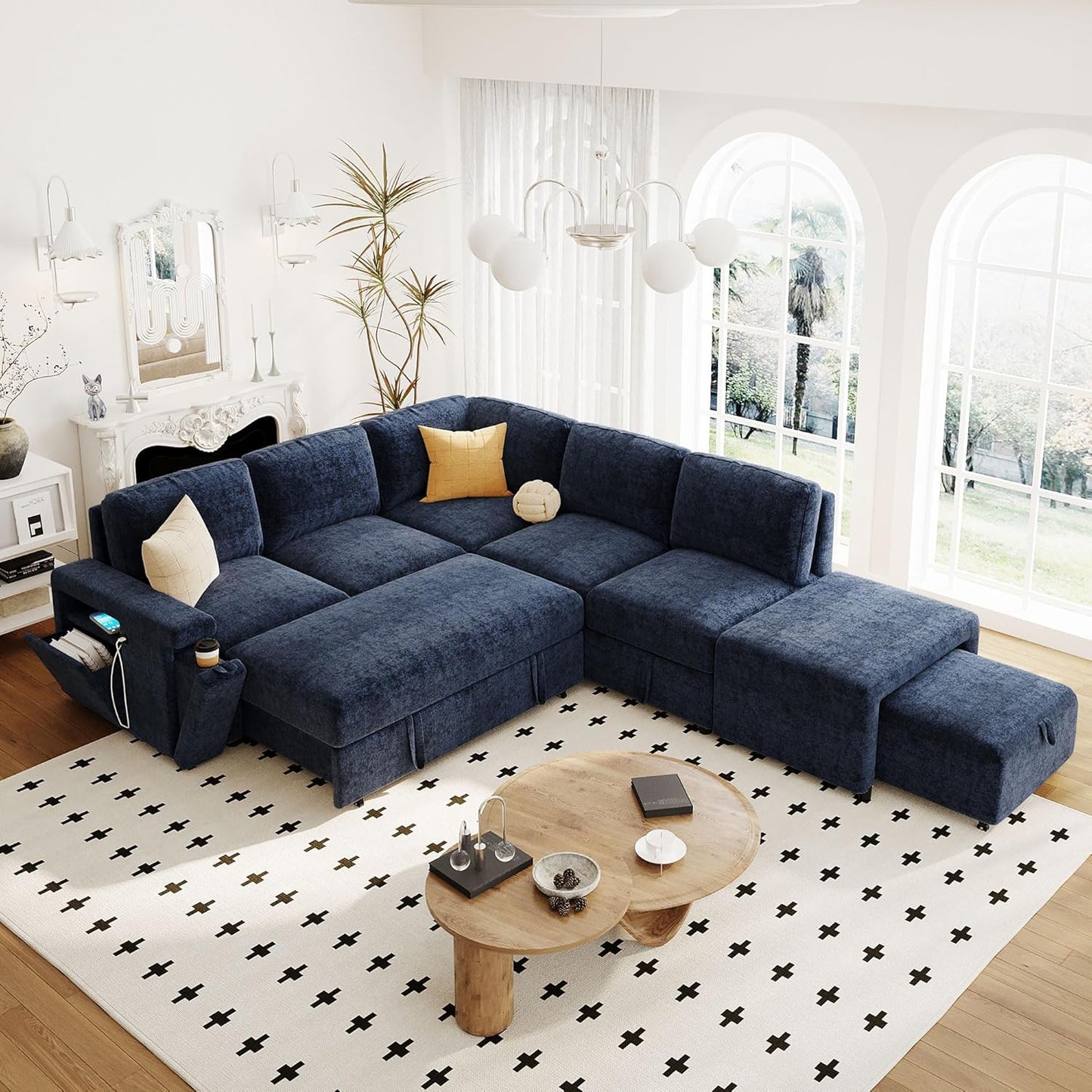 Merax L-Shaped Modular Sectional Sofa with Removable Storage Ottoman, USB Ports and Cup Holder, 6-Seats Upholstered Couch & Armrest, Free Combination Indoor Furniture for Living Room, Apartments, Blue