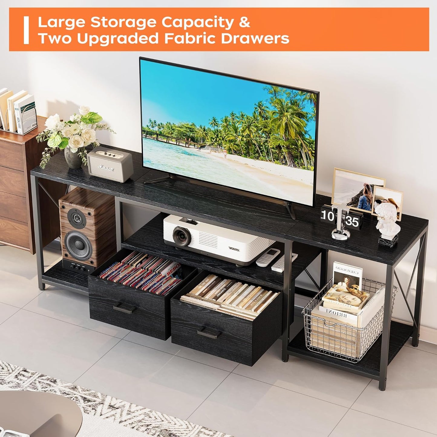 Homeiju TV Stand for TVs up to 75 Inch, Entertainment Center with Fabric Drawers, TV Media Console Table with Open Storage Shelves for Living Room, Bedroom, Black