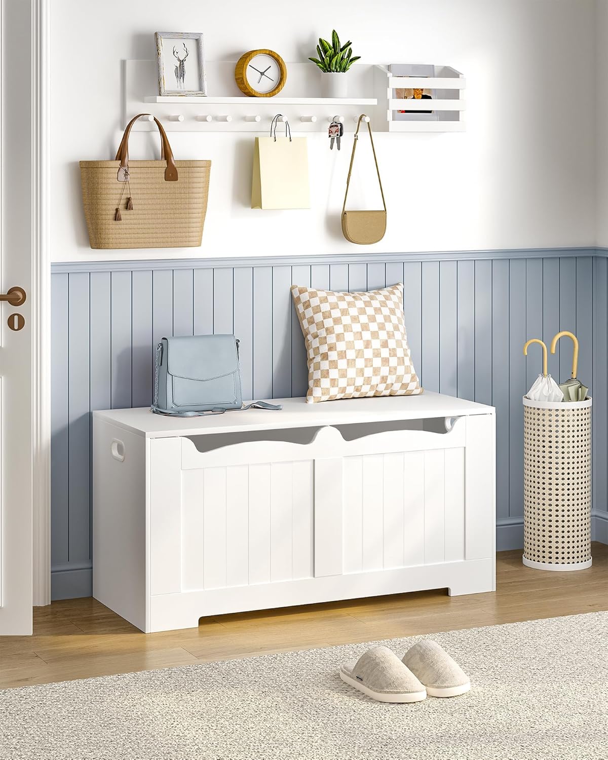 39.4" Storage Chest, Storage Bench Trunk with 2 Safety Hinges, Wooden Box, Lift-Top Chest Organizer, Shoe Bench for Entryway, Bedroom, Living Room, White 01003XSB