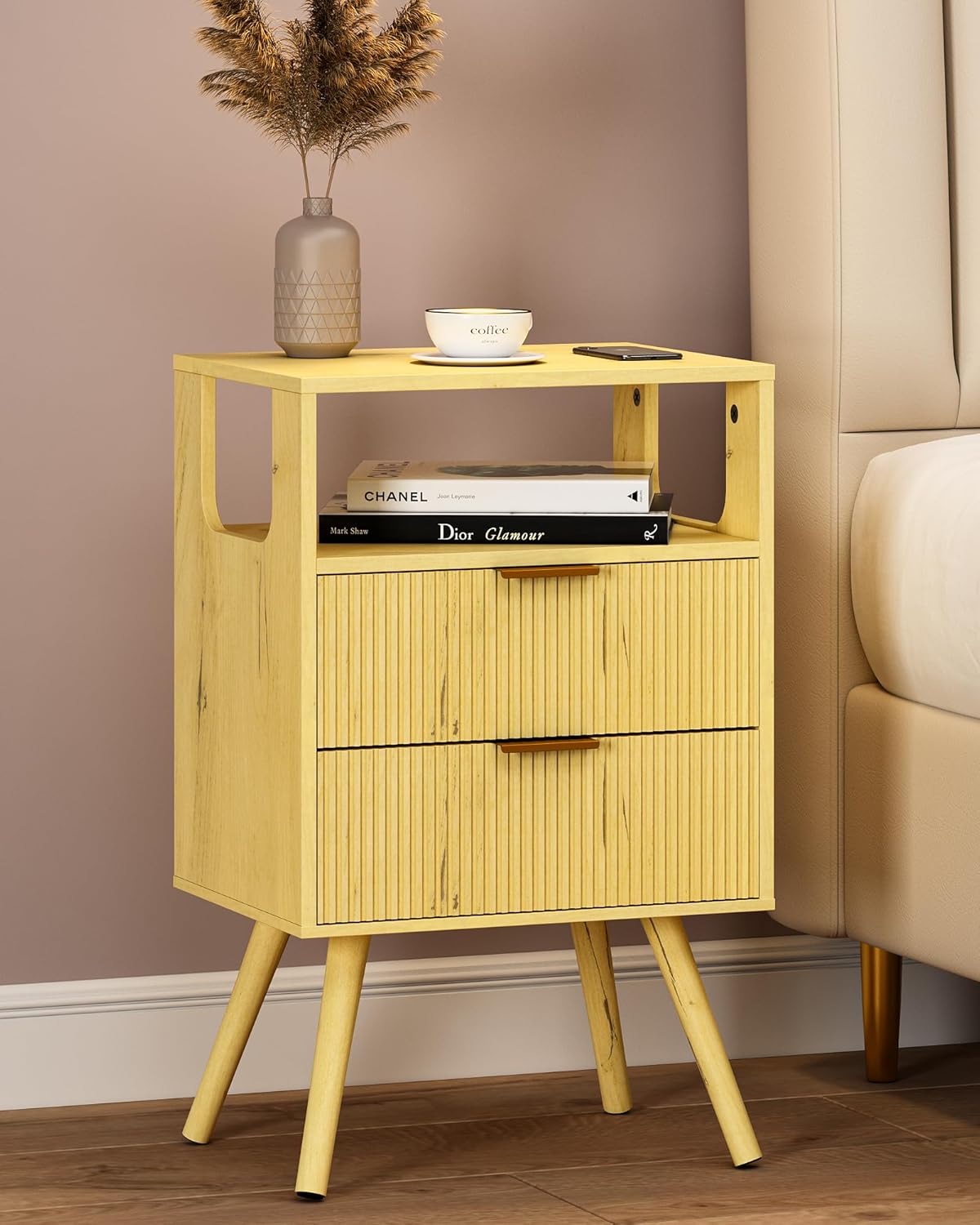 Nightstand,Modern Bedside Table with 2 Storage Drawer and Open Wood Shelf, for Bedroom and Small Spaces,Night Stand with Solid Wood Legs, Yellow Oak