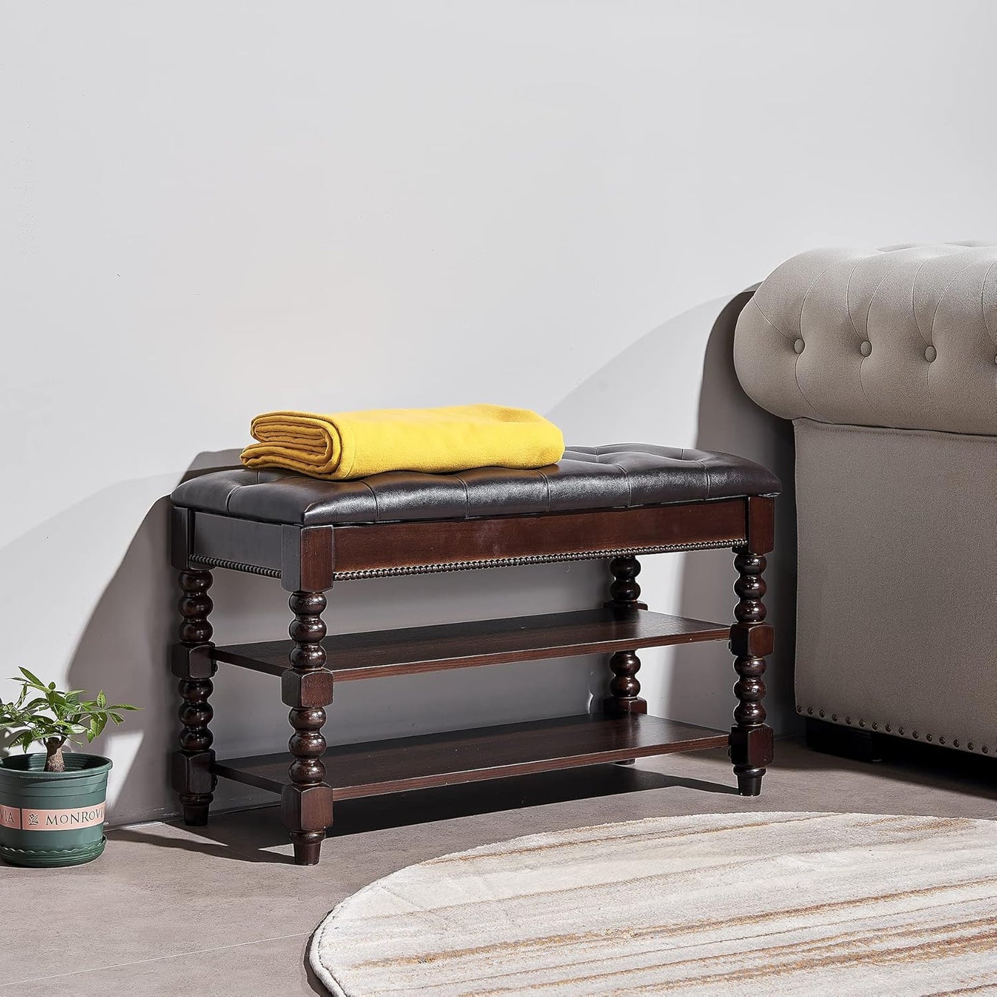 Shoe Storage Bench, Entryway Shoe Rack with Leather Seat 2-Tier Lift-top Organizer Wooden Bench for Foyer Bedroom Living Room Accent Furniture (31.5'')