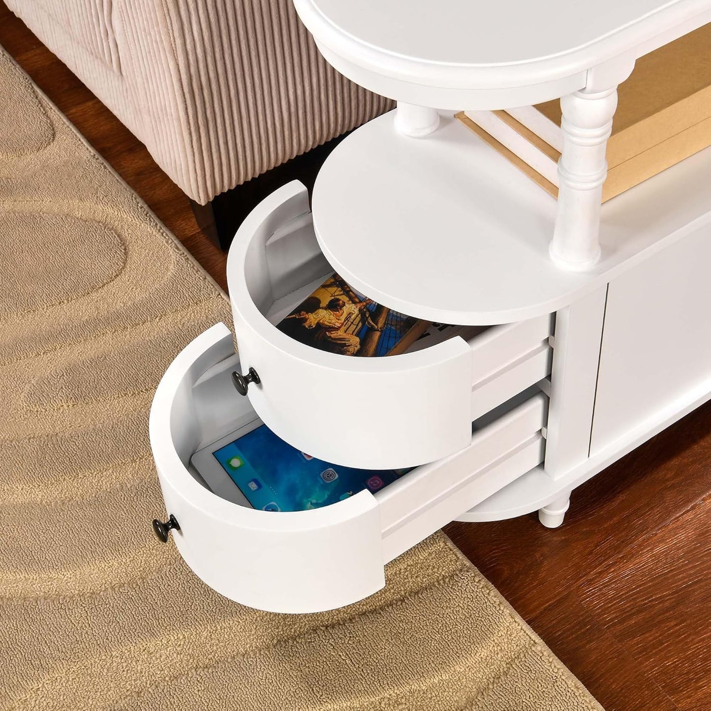 Wood End Table with 2 Drawers and Storage Shelf, Narrow Sofa Side Table for Living Room, Vintage Slim Nightstand Bedside Table for Bedroom, Slim Chair Side Table White BGA508WT