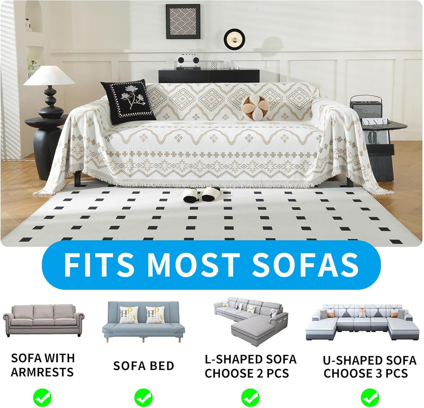 LUFEIJIASHI Boho Couch Covers for Sofa Non Slip Sofa Covers Washable Couch Covers for 3 Cushion Couch Sofa Pet Friendly Sectional Couch Cover Blanket Furniture Protector for Dogs (Khaki, 91"x118")