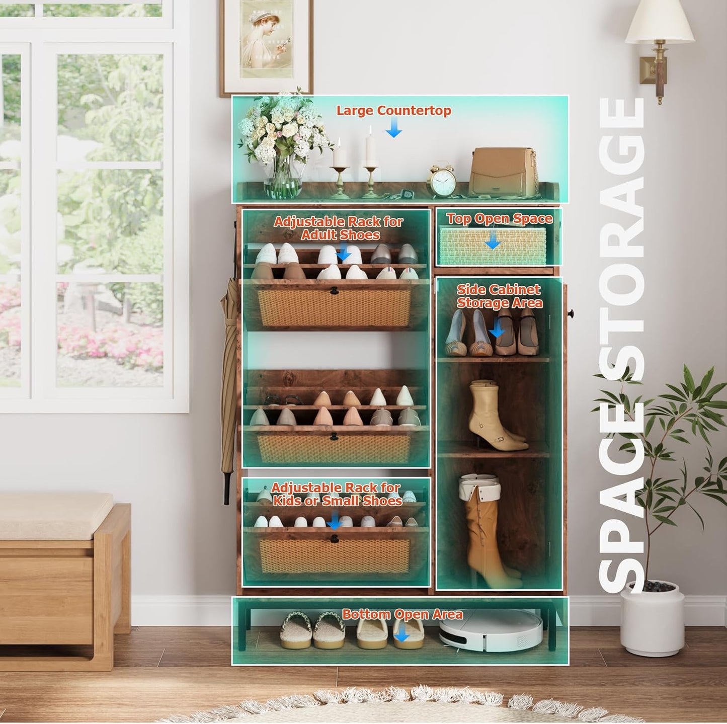 GarveeHome Shoe Cabinet Rattan with 3 Flip Drawers and 4-Tier Shoe Storage Cabinet, Freestanding Shoe Organizer with Adjustable Shelves for Entryway, Closet, Hallway (Tree Pomegranate)