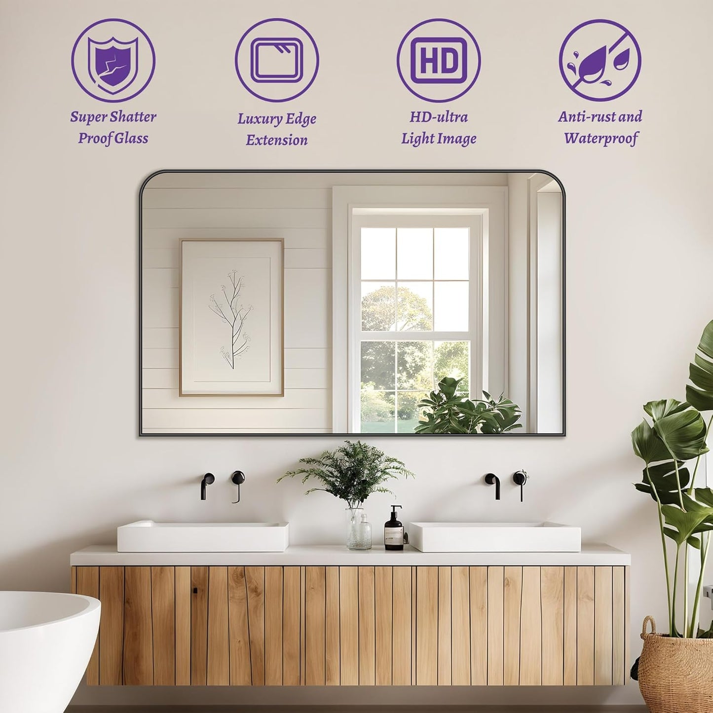 Bathroom Mirror, Wall Mirrors, Black Metal Framed Wall-Mounted Mirrors, Bathroom Vanity Mirror for Over Sink, Living Room, Bedroom, Entryway, 48x36 Inch, Black