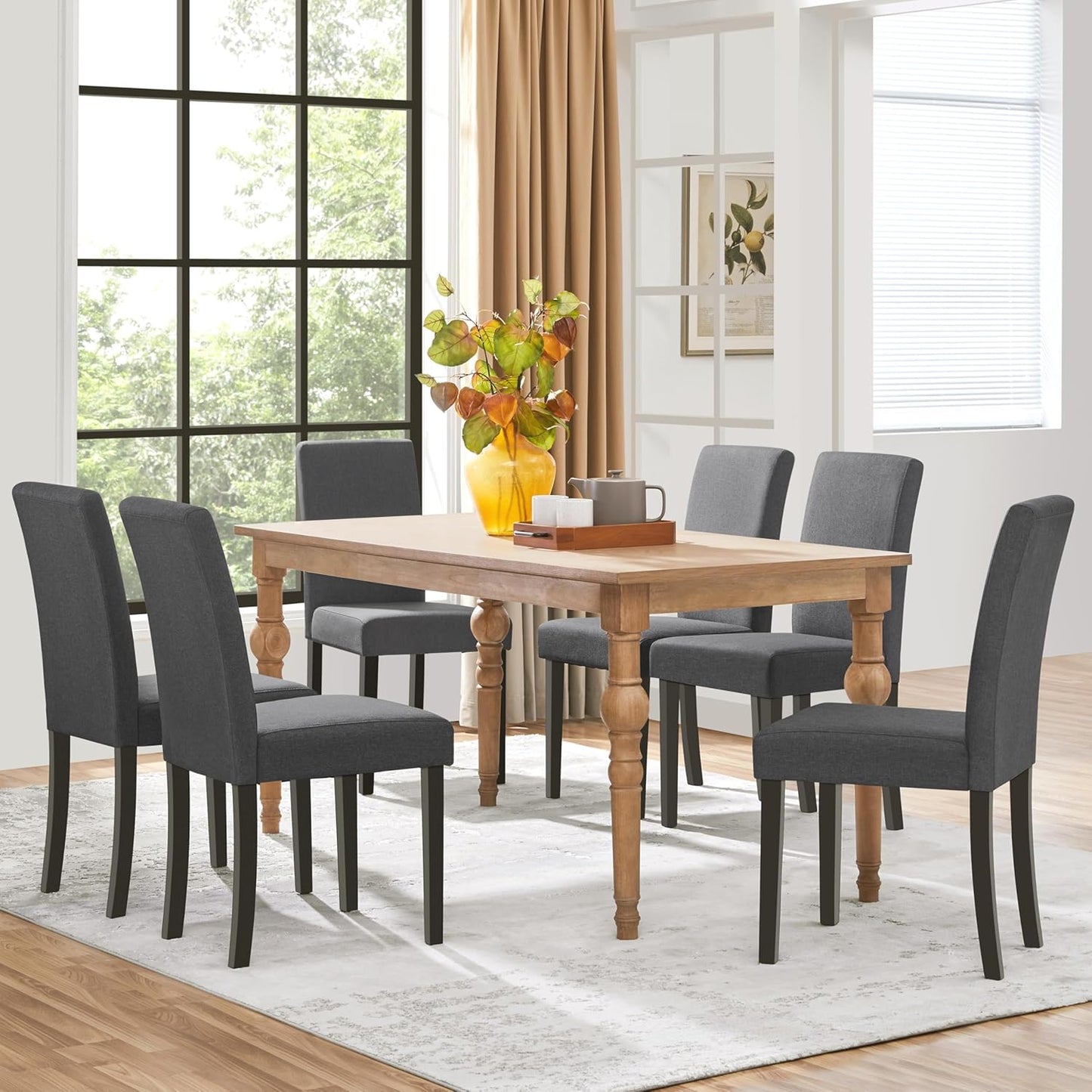 Yaheetech Dining Chairs Set of 6 Fabric Upholstered Parson Kitchen Chairs with Padded Seat and Solid Wood Legs for Dining Room/Restaurant, Dark Gray